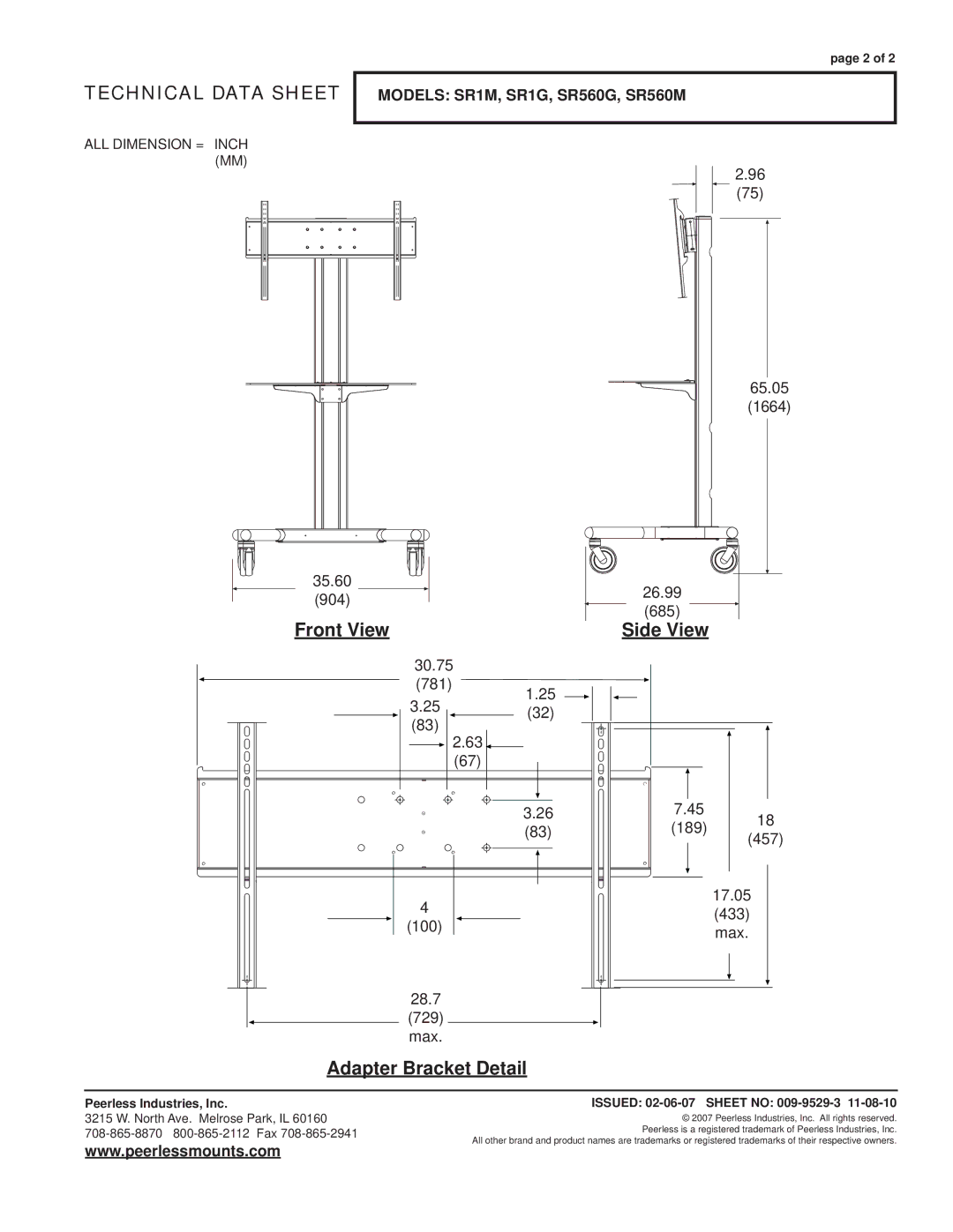 Peerless Industries SR560M, SR560G, SR1G, SR1M specifications Front View, Side View, Adapter Bracket Detail 