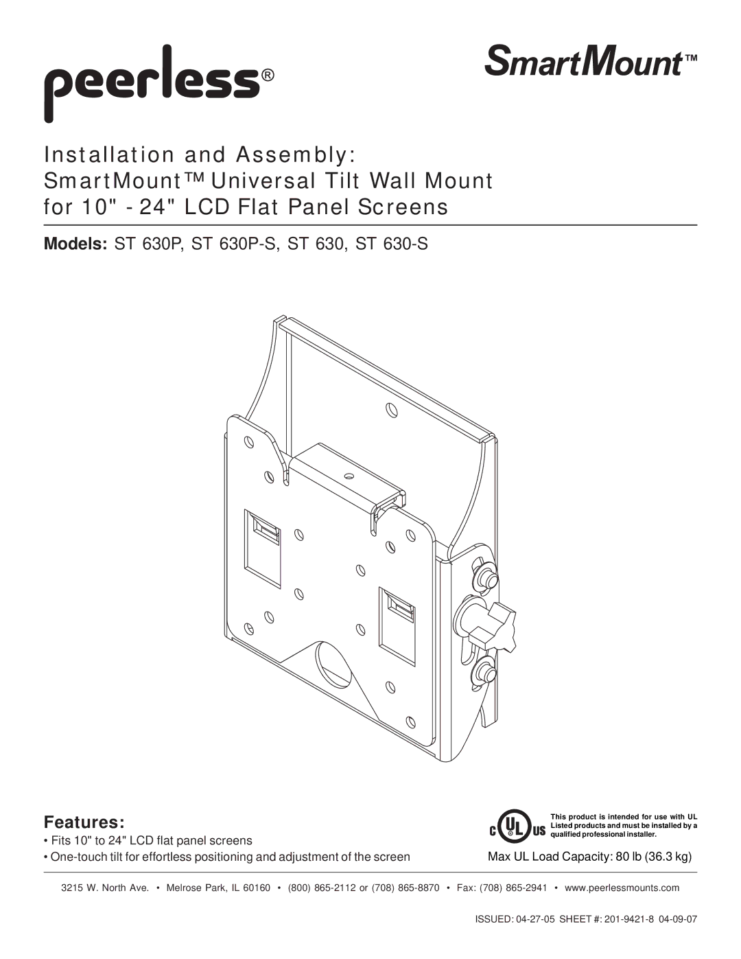 Peerless Industries ST 630P-S manual Features 