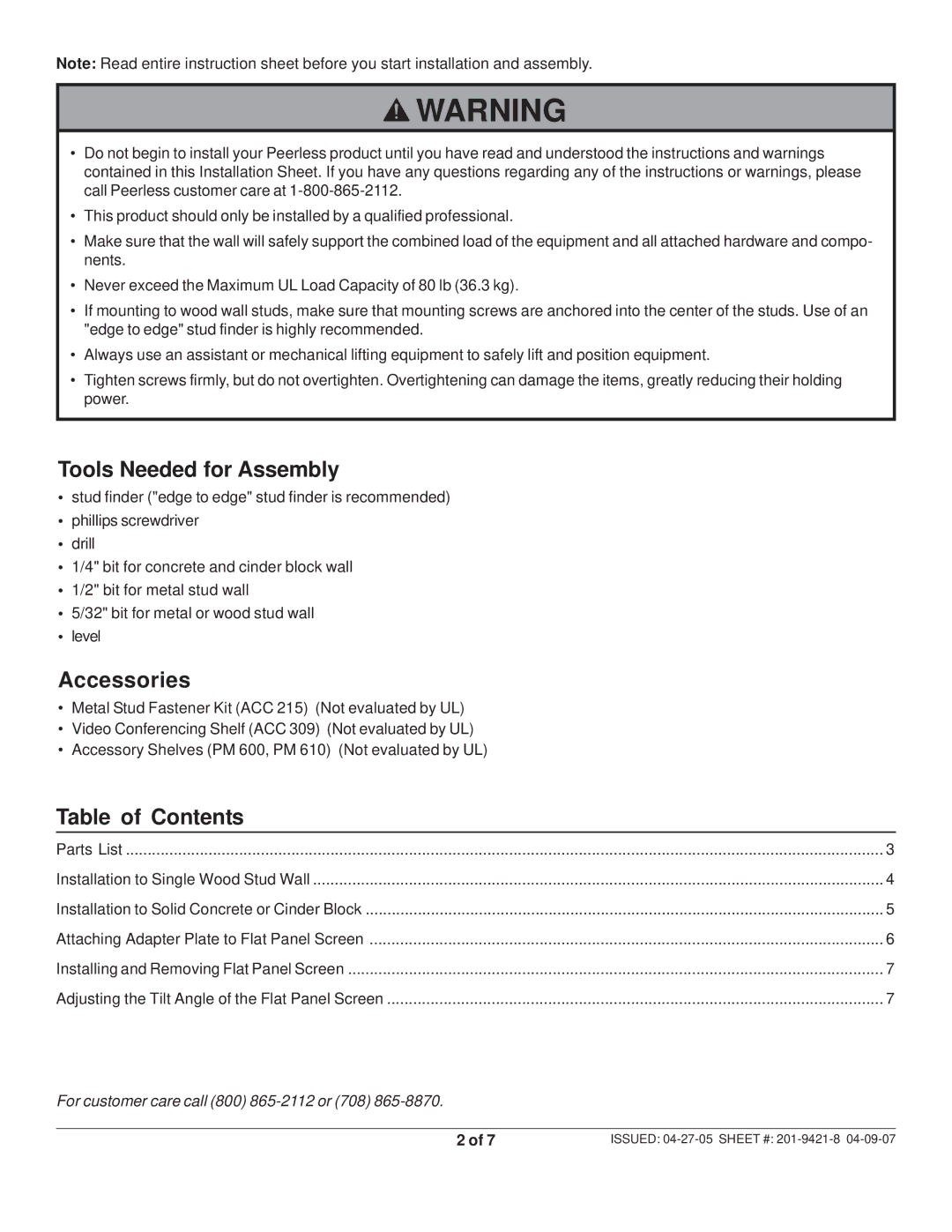 Peerless Industries ST 630P-S manual Tools Needed for Assembly, Accessories, Table of Contents 