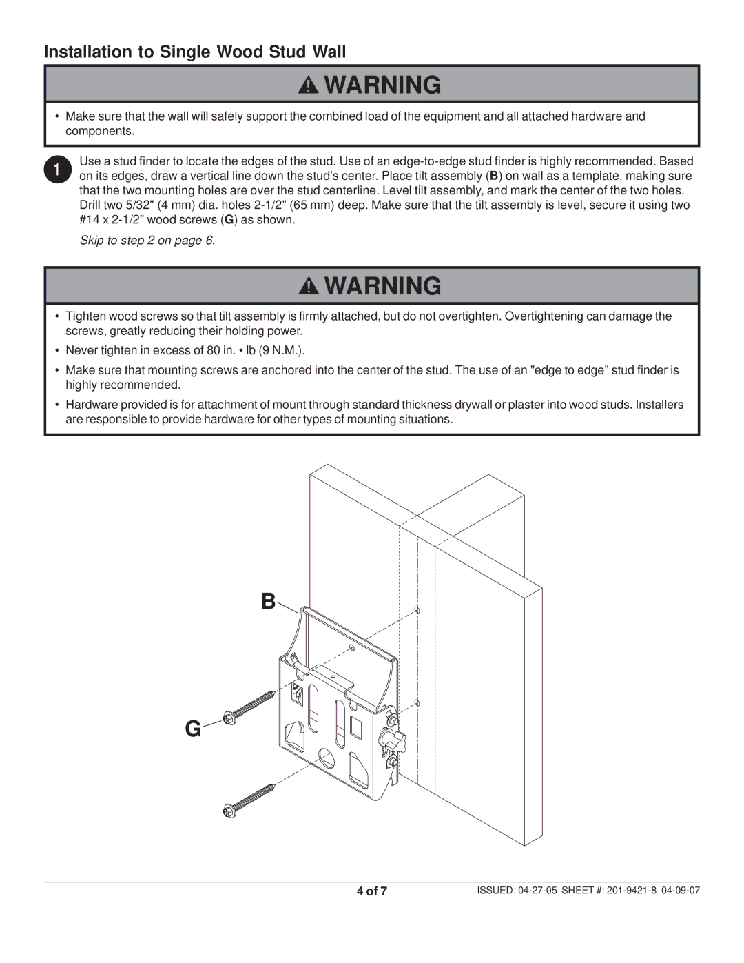 Peerless Industries ST 630P-S manual Installation to Single Wood Stud Wall, Skip to on 