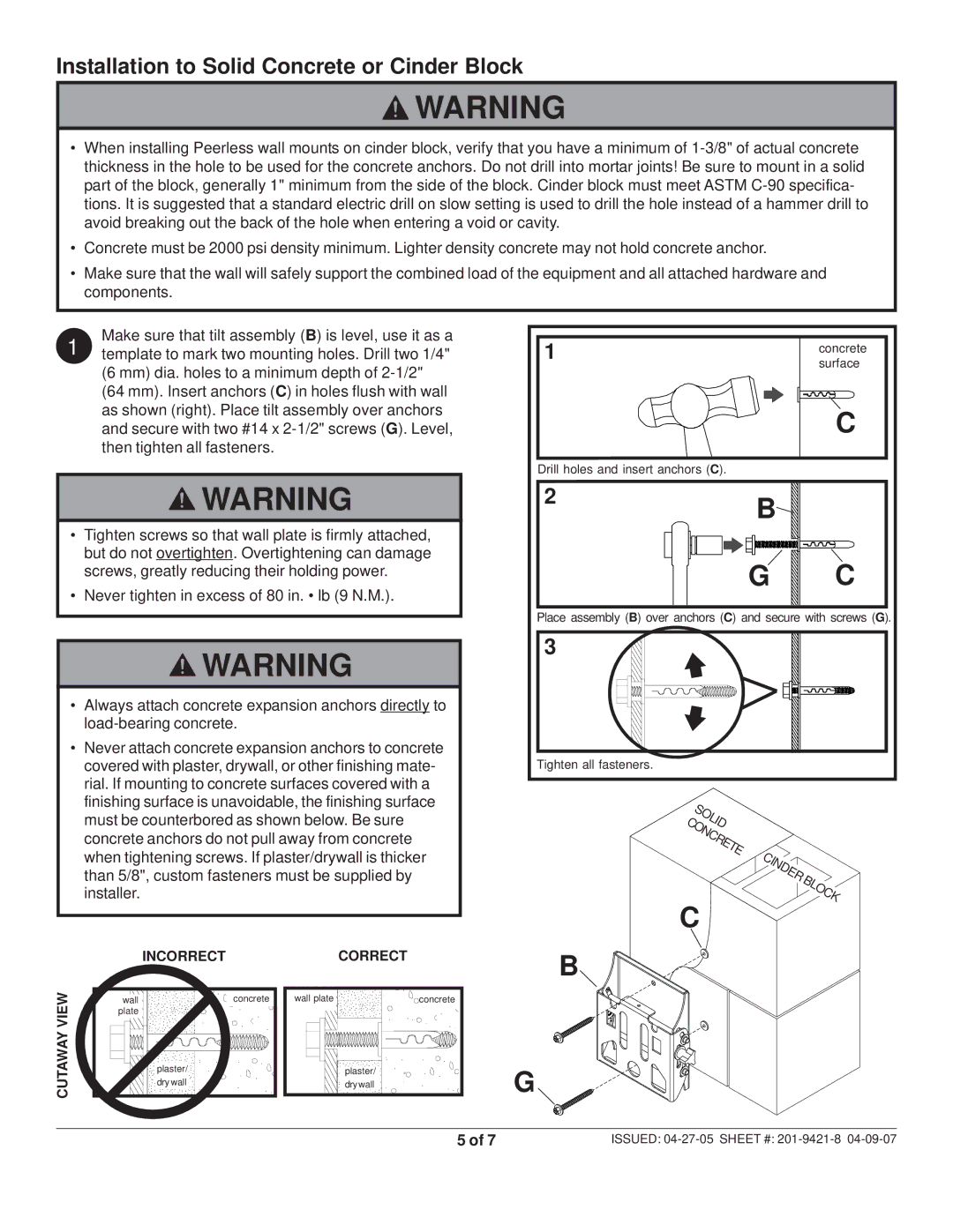 Peerless Industries ST 630P-S manual Installation to Solid Concrete or Cinder Block 