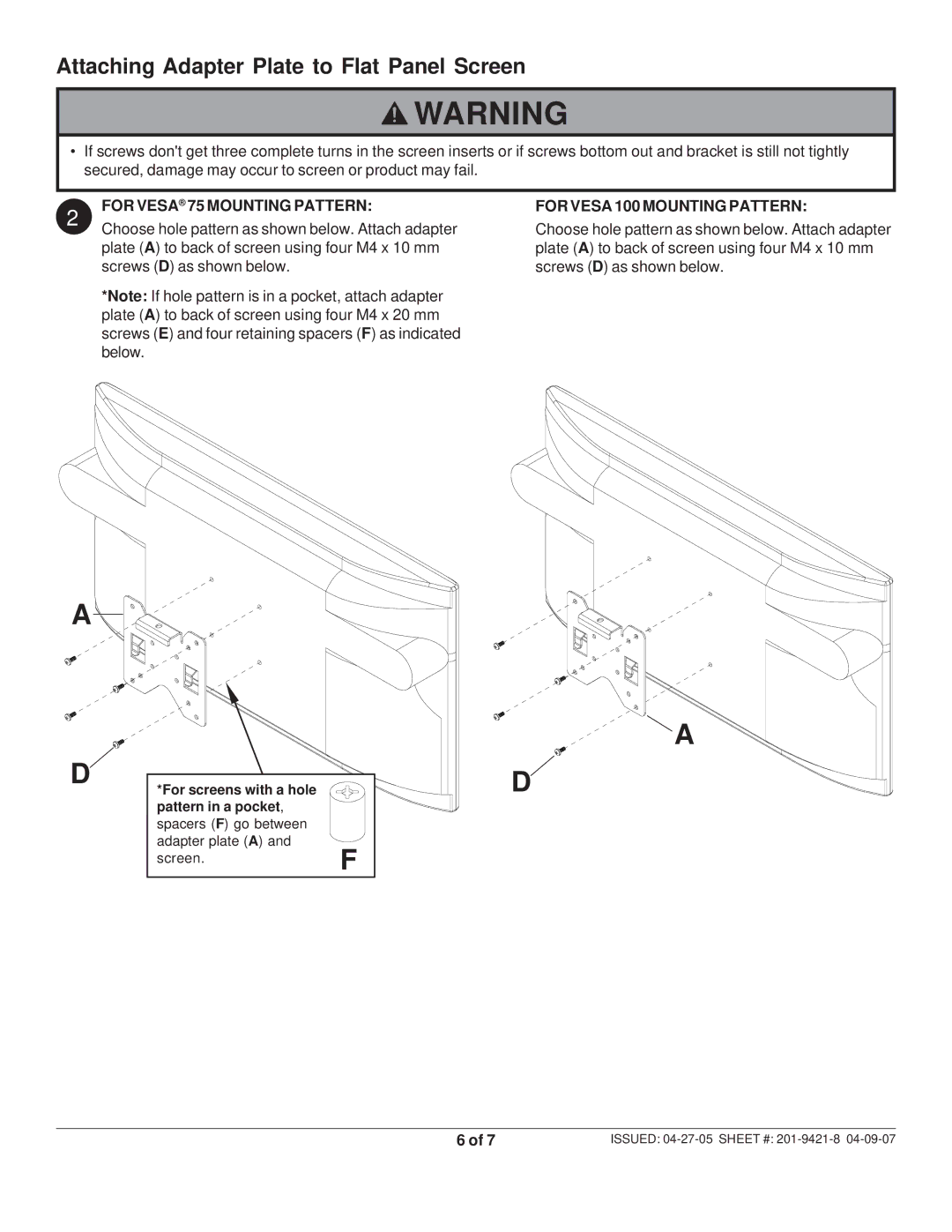 Peerless Industries ST 630P-S manual Attaching Adapter Plate to Flat Panel Screen, For Vesa 75 Mounting Pattern 