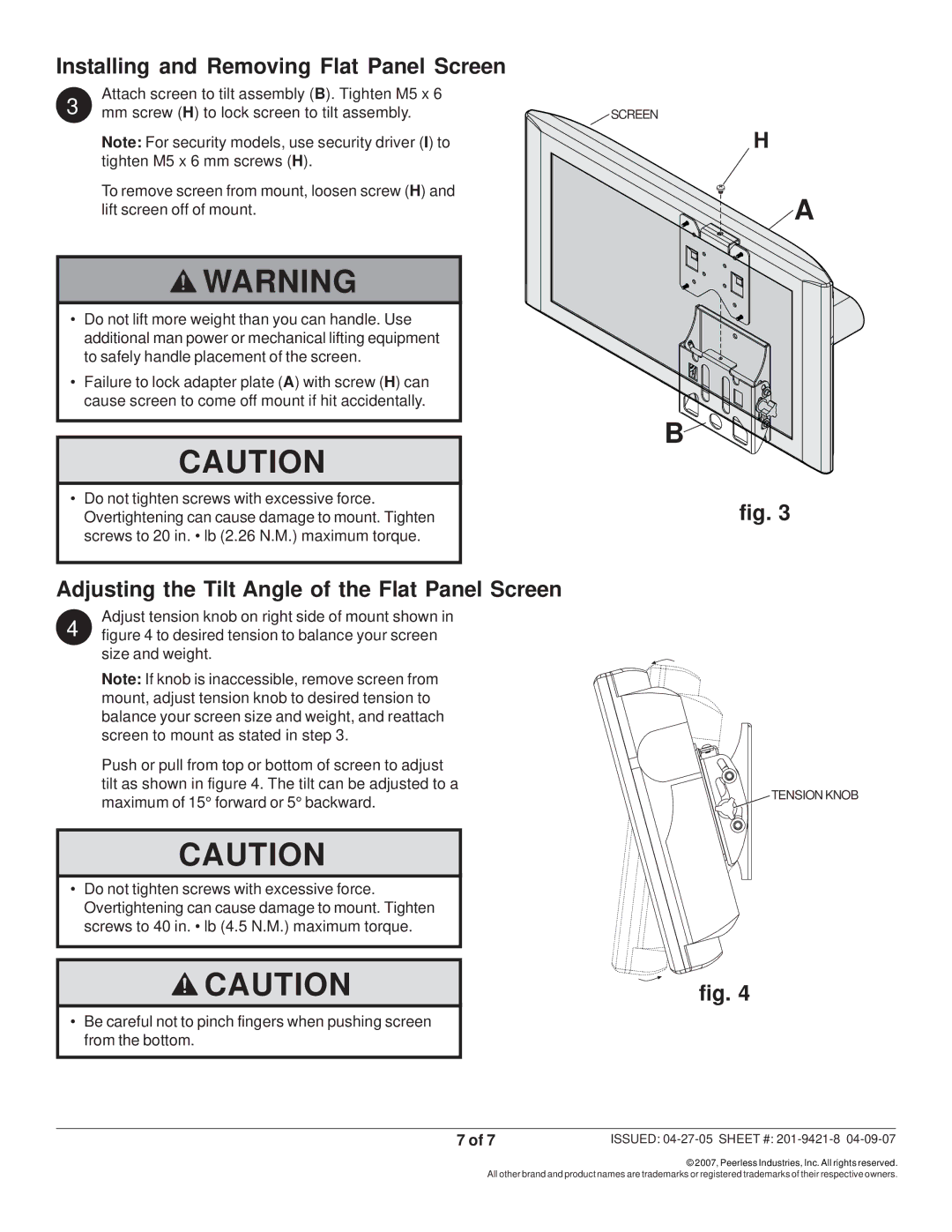 Peerless Industries ST 630P-S Installing and Removing Flat Panel Screen, Adjusting the Tilt Angle of the Flat Panel Screen 