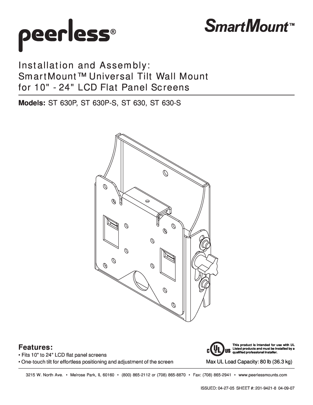 Peerless Industries manual Features, Models ST 630P, ST 630P-S, ST 630, ST 630-S, ISSUED 04-27-05 SHEET # 201-9421-8 