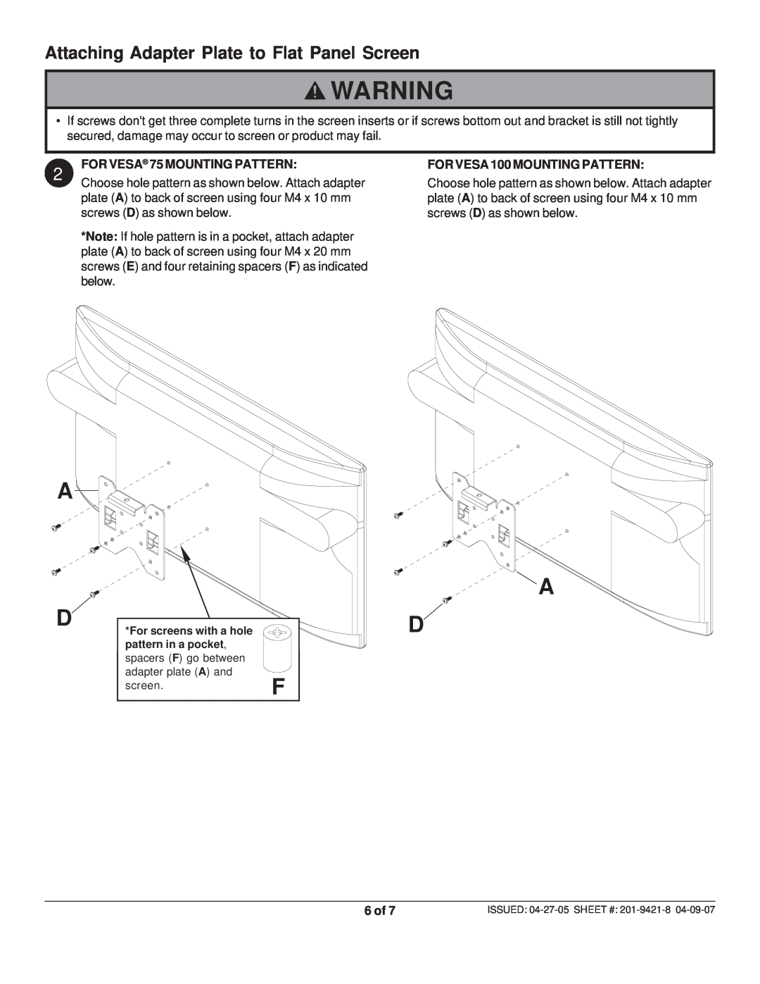 Peerless Industries ST 630P-S manual Attaching Adapter Plate to Flat Panel Screen, FOR VESA 75 MOUNTING PATTERN, 6 of 