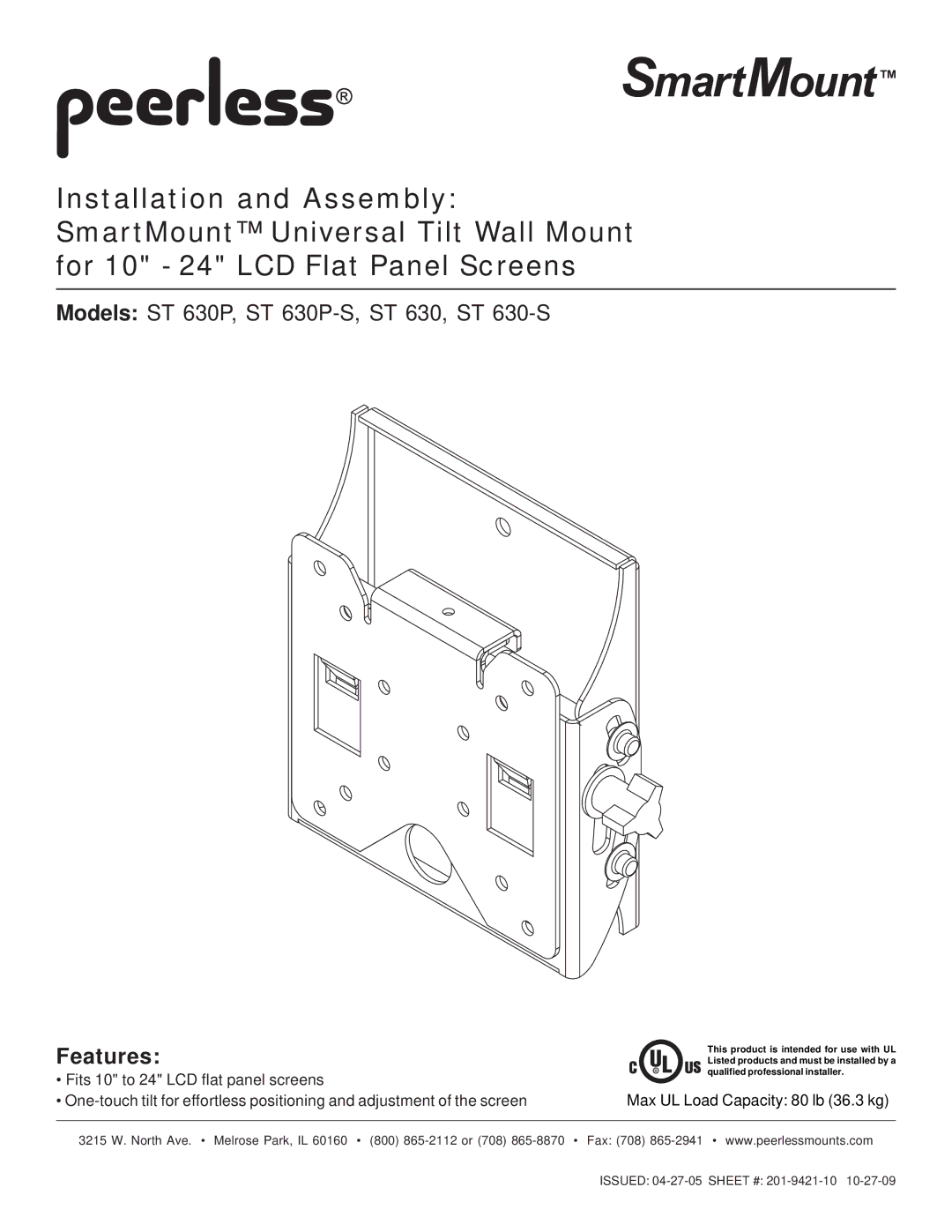 Peerless Industries ST630P-S, 201-9421-10, ST 630-S manual Features 