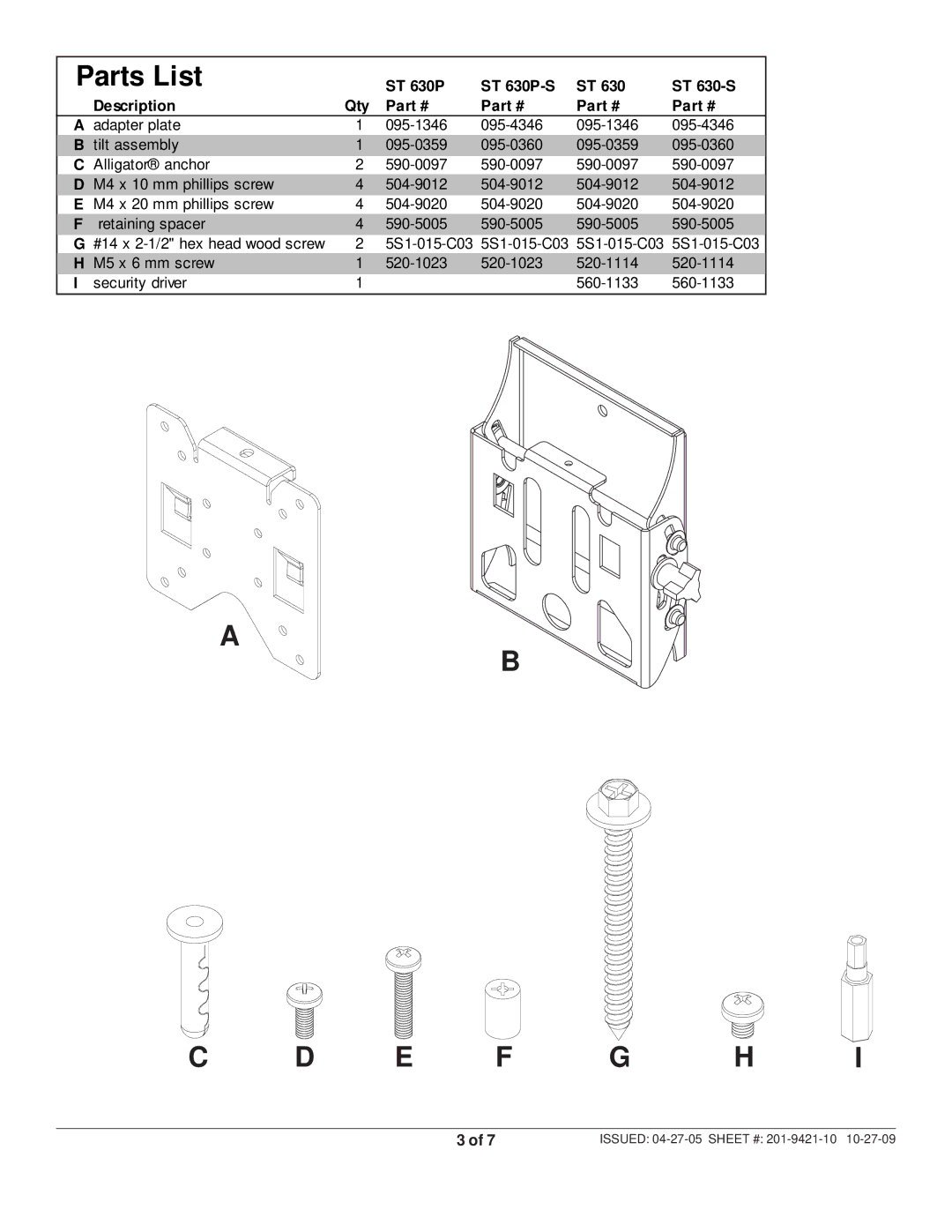 Peerless Industries 201-9421-10, ST630P-S, ST 630-S manual E F G H 