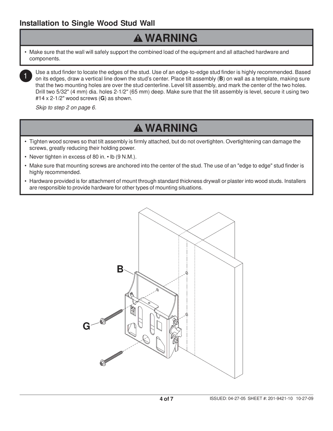 Peerless Industries ST 630-S, ST630P-S, 201-9421-10 manual Installation to Single Wood Stud Wall, Skip to on 