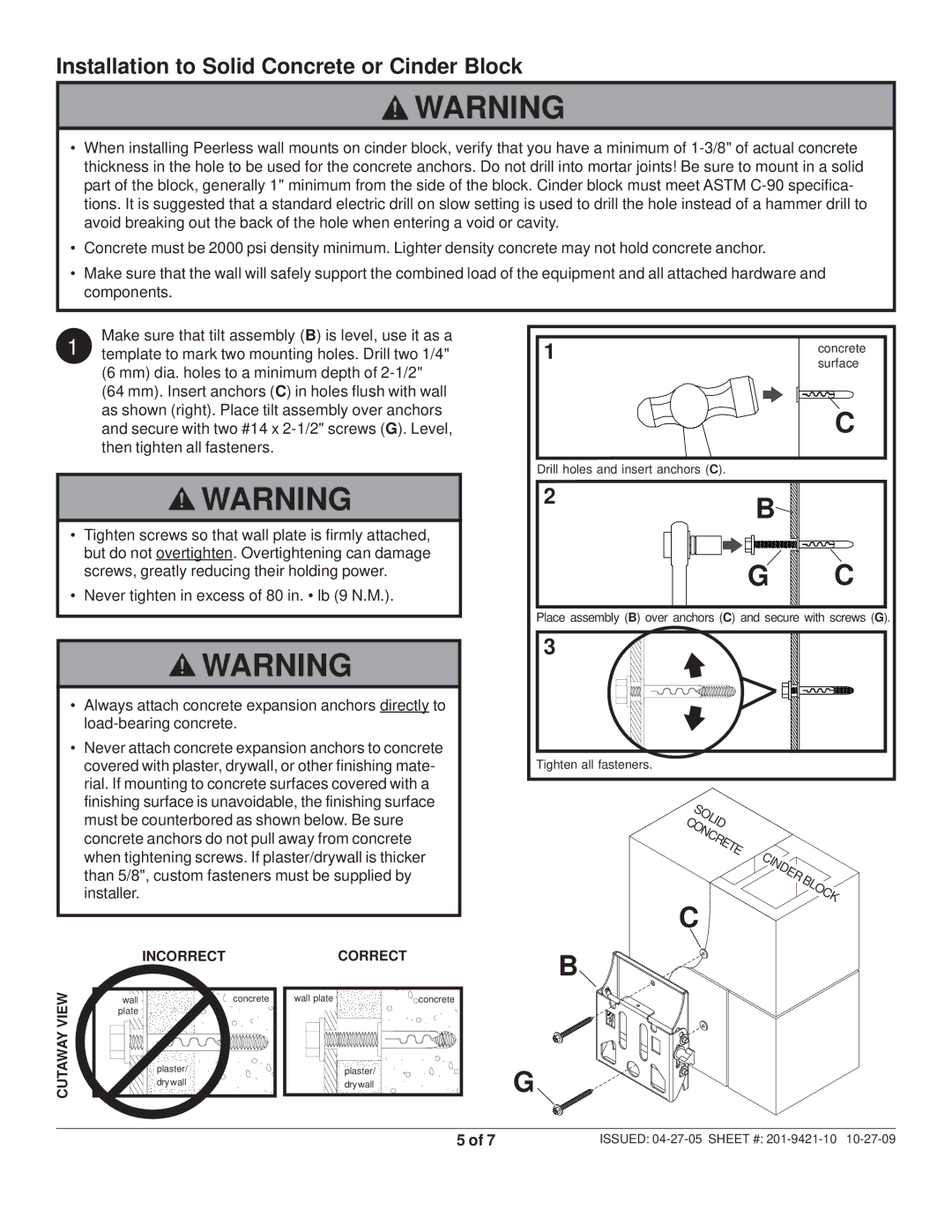 Peerless Industries ST630P-S, 201-9421-10, ST 630-S manual Installation to Solid Concrete or Cinder Block 