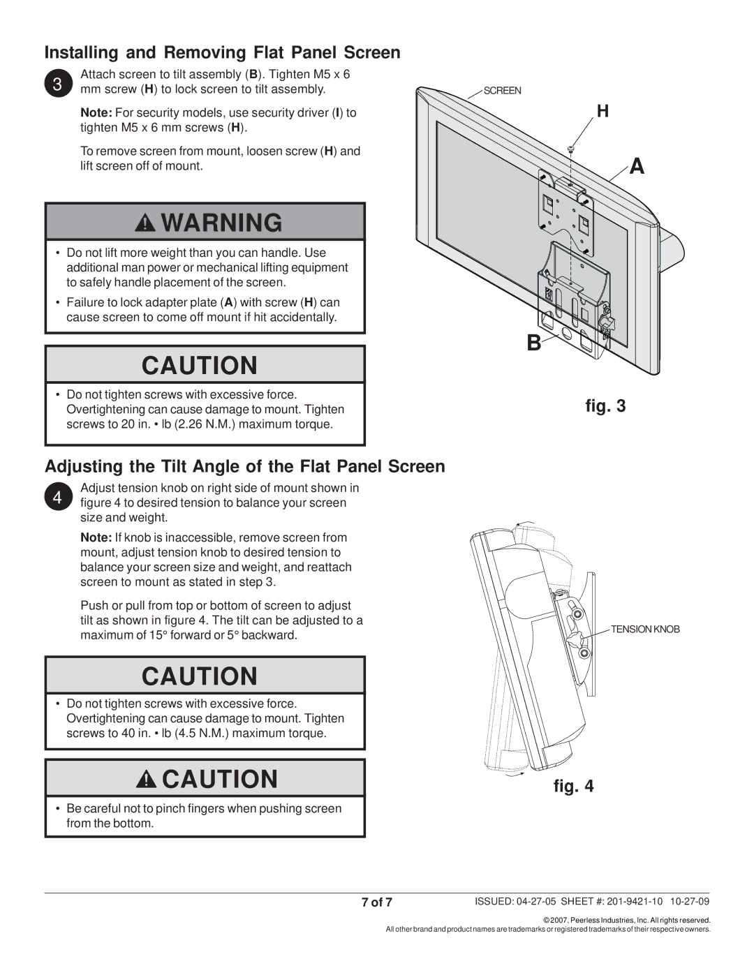 Peerless Industries ST630 Installing and Removing Flat Panel Screen, Adjusting the Tilt Angle of the Flat Panel Screen 