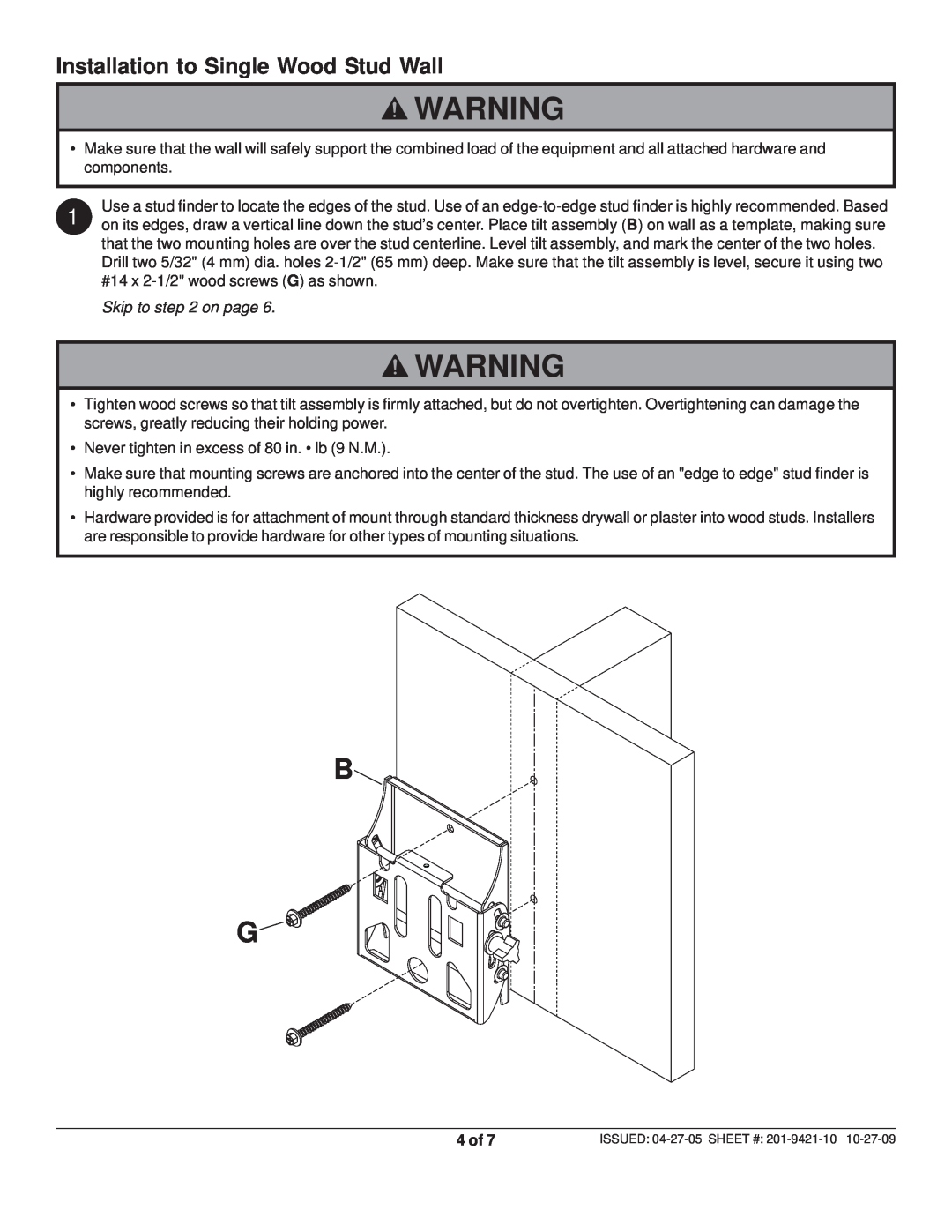 Peerless Industries ST 630-S, ST630P-S, 201-9421-10 manual Installation to Single Wood Stud Wall, Skip to on page, 4 of 