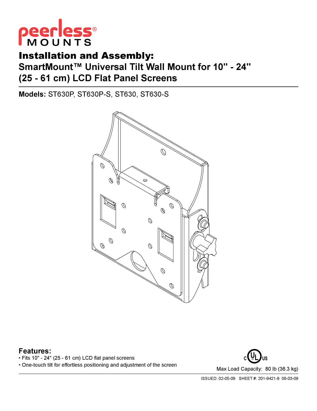 Peerless Industries ST630P-S manual Features, Fits 10 24 25 61 cm LCD flat panel screens 