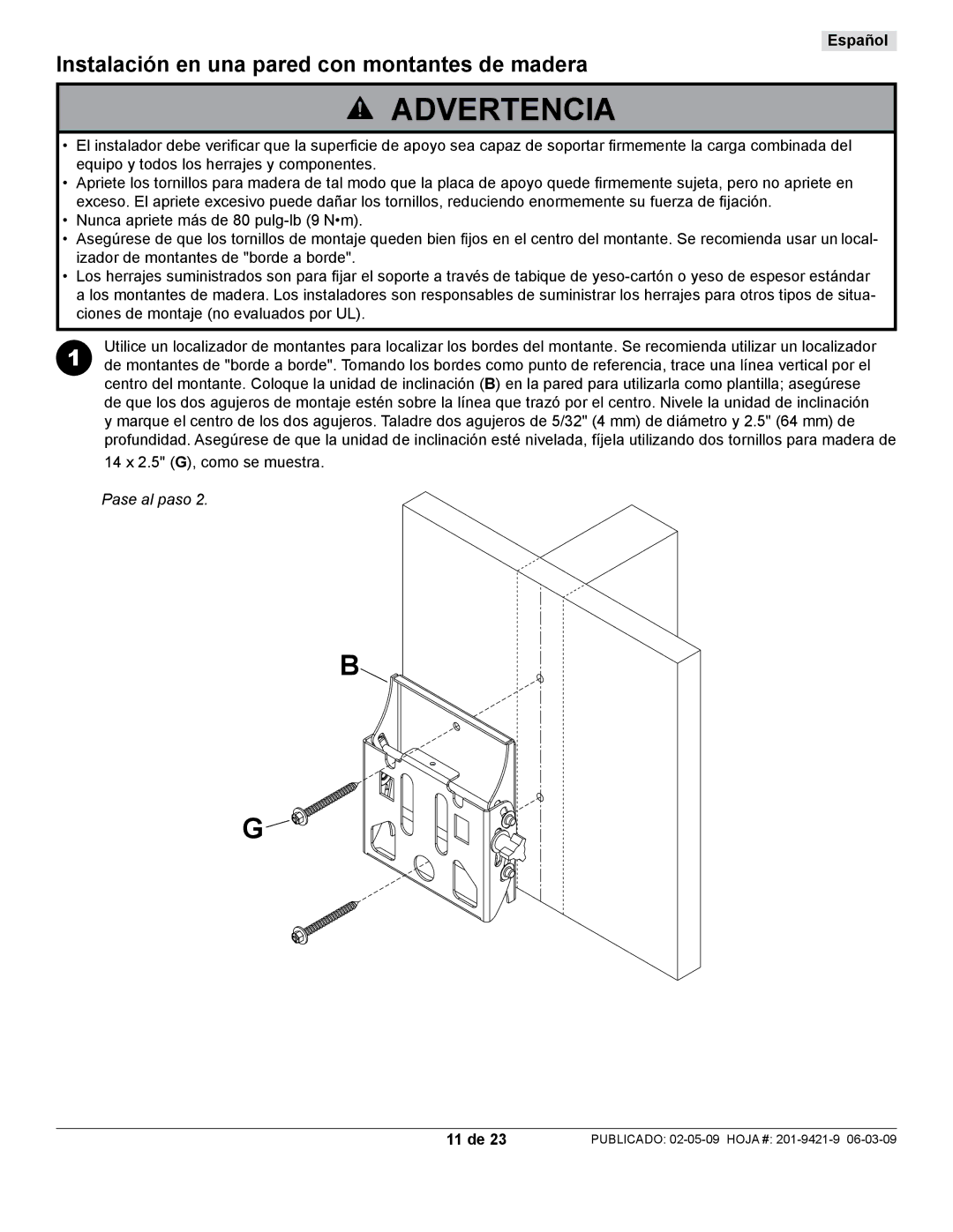 Peerless Industries ST630P-S manual Instalación en una pared con montantes de madera, 11 de 