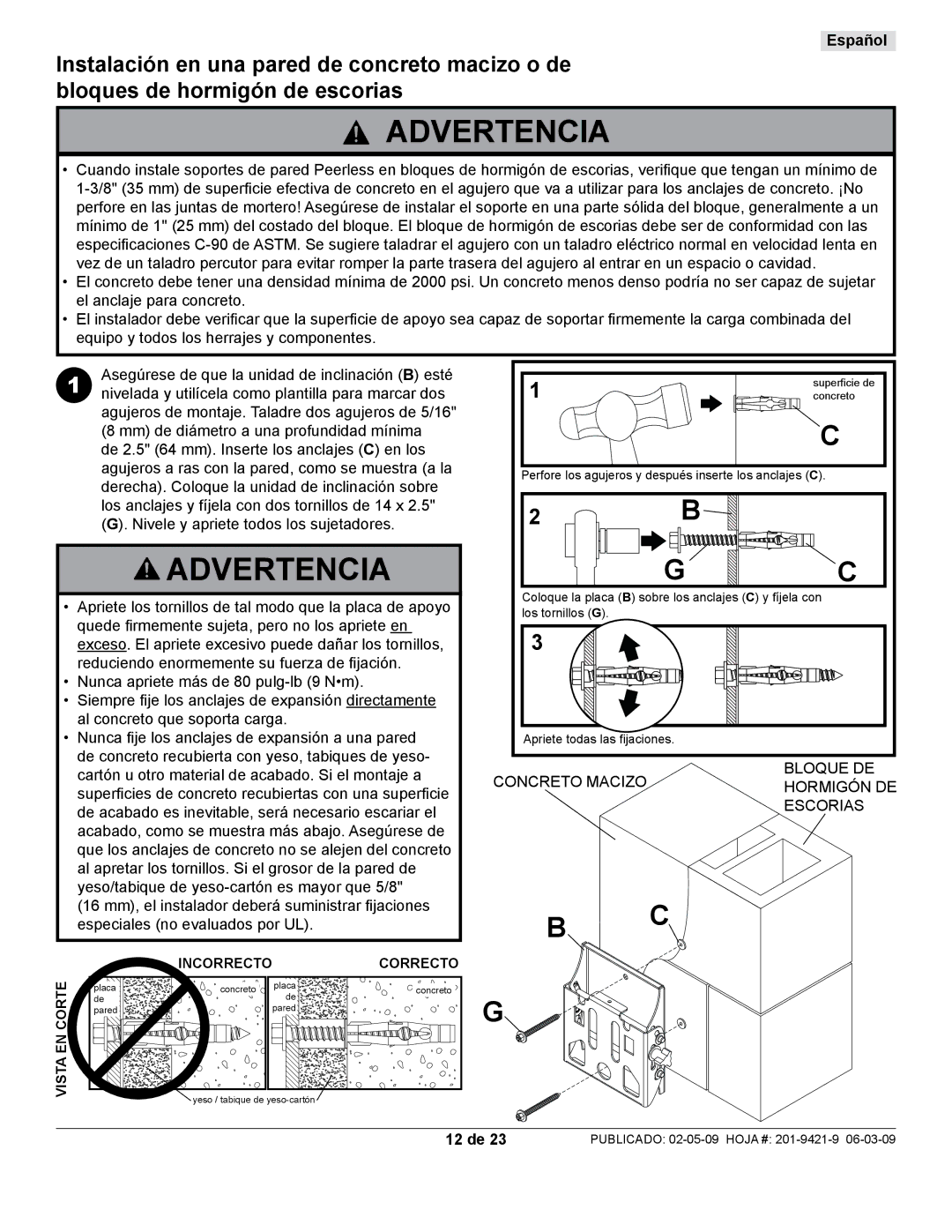 Peerless Industries ST630P-S manual Bloque DE Concreto Macizohormigón DE Escorias, 12 de 