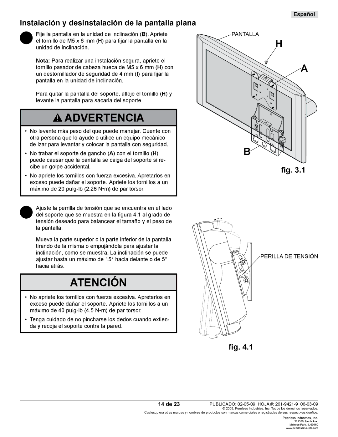 Peerless Industries ST630P-S manual Atención, Instalación y desinstalación de la pantalla plana, 14 de 