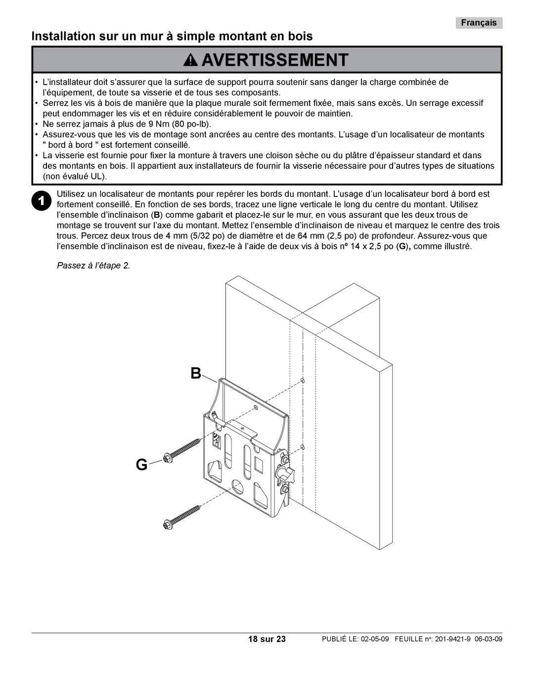 Peerless Industries ST630P-S manual Installation sur un mur à simple montant en bois, 18 sur 