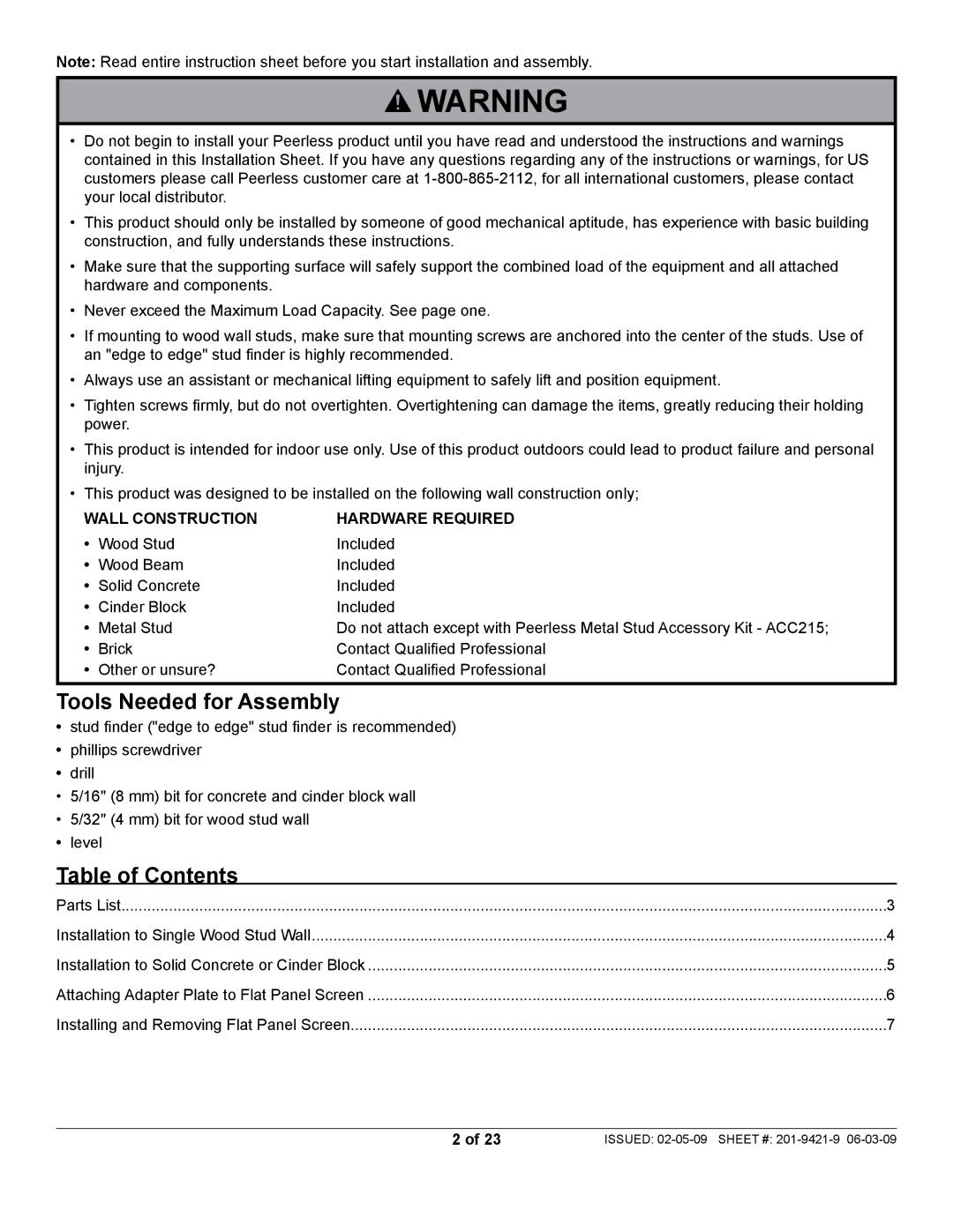 Peerless Industries ST630P-S manual Tools Needed for Assembly, Table of Contents 