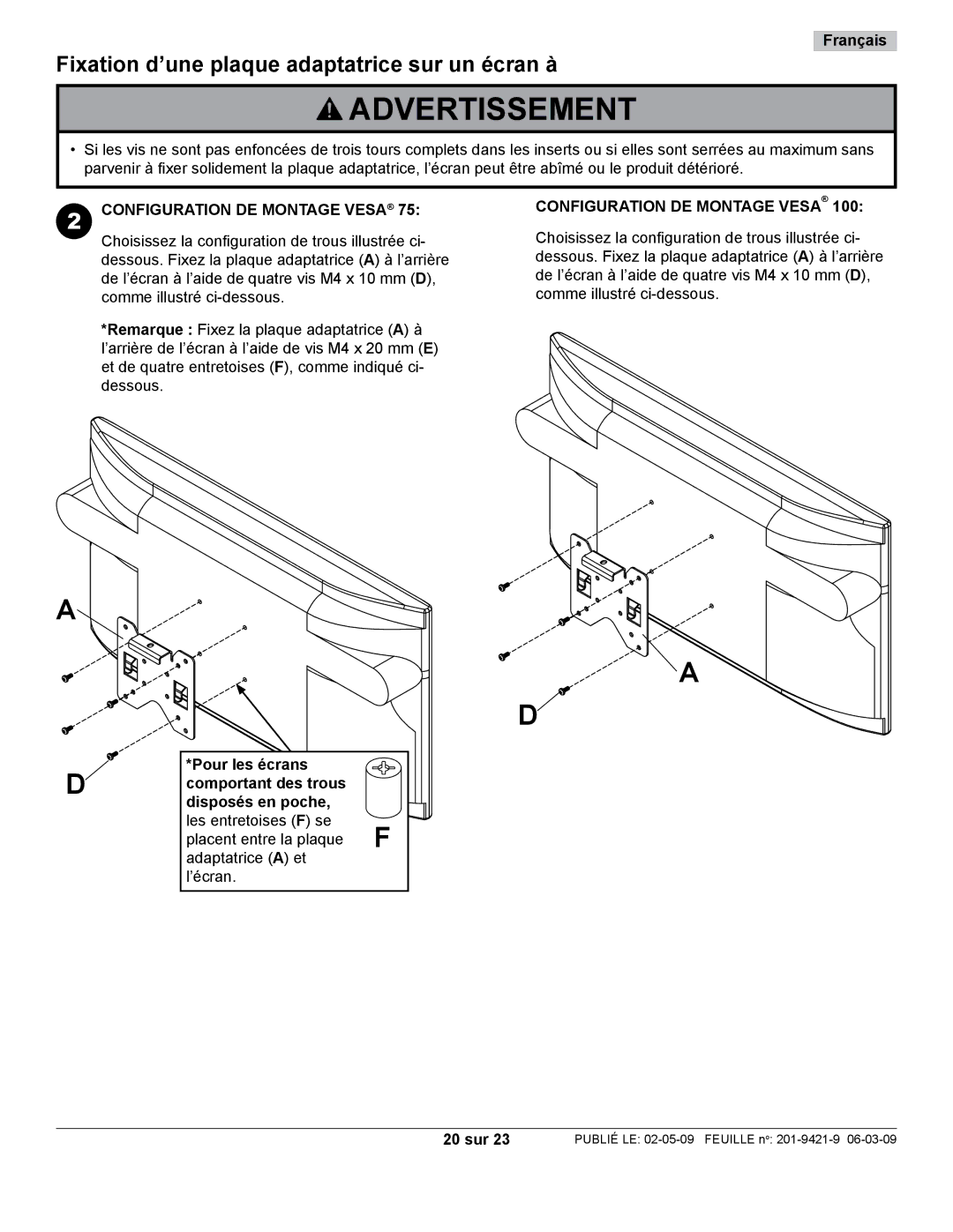 Peerless Industries ST630 Advertissement, Fixation d’une plaque adaptatrice sur un écran à, Configuration DE Montage Vesa 