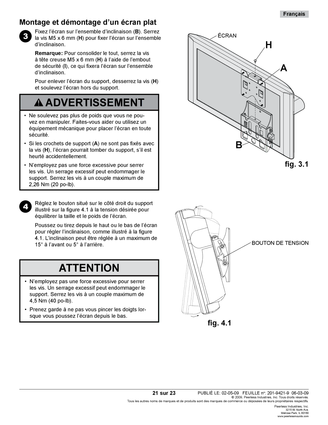 Peerless Industries ST630P-S manual Montage et démontage d’un écran plat, 21 sur 