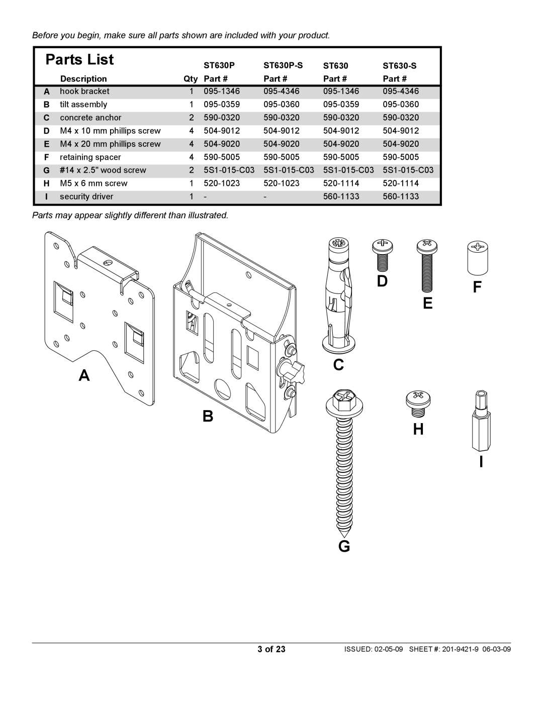 Peerless Industries manual Parts List, ST630P ST630P-S ST630-S Description Qty 