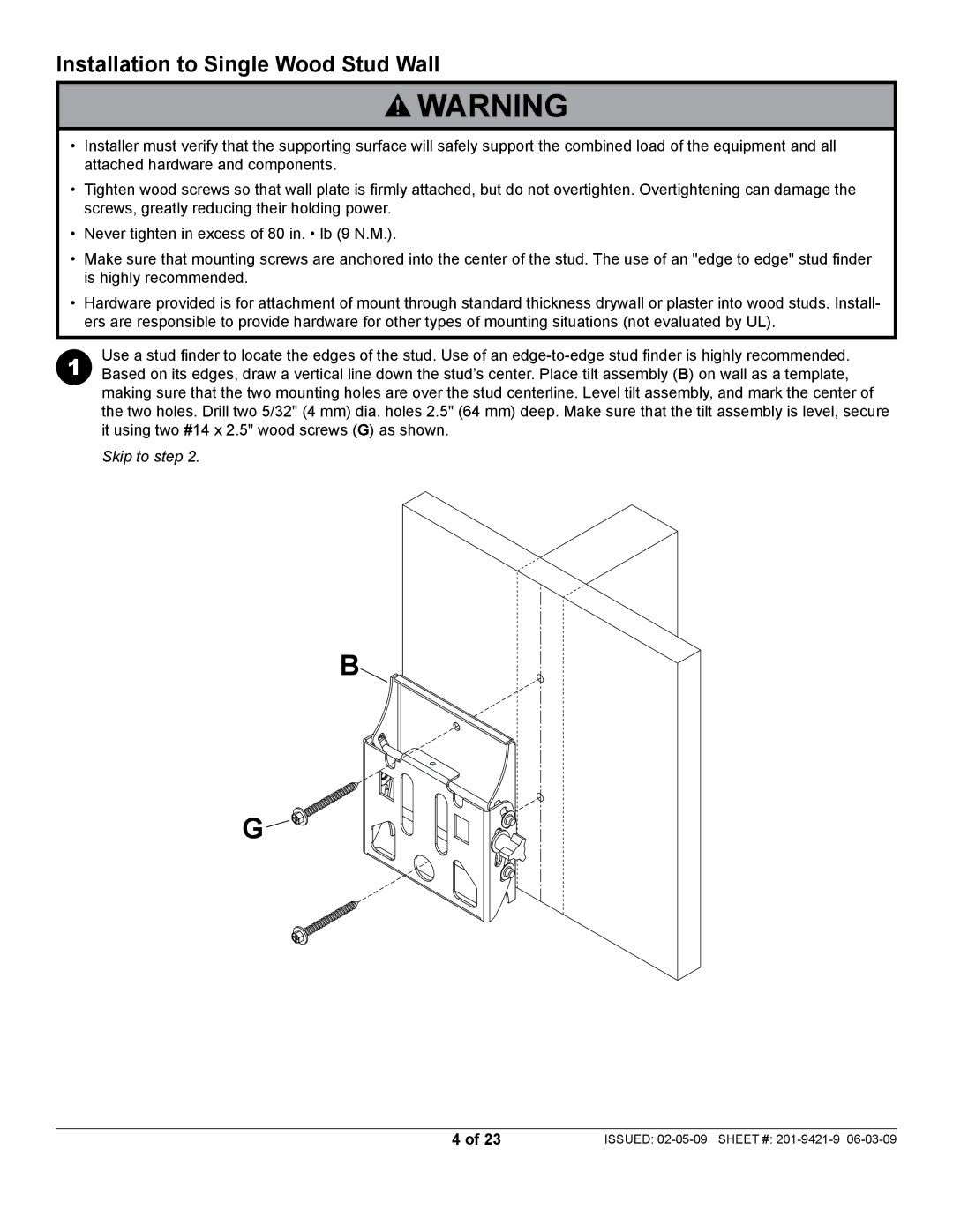 Peerless Industries ST630P-S manual Installation to Single Wood Stud Wall 