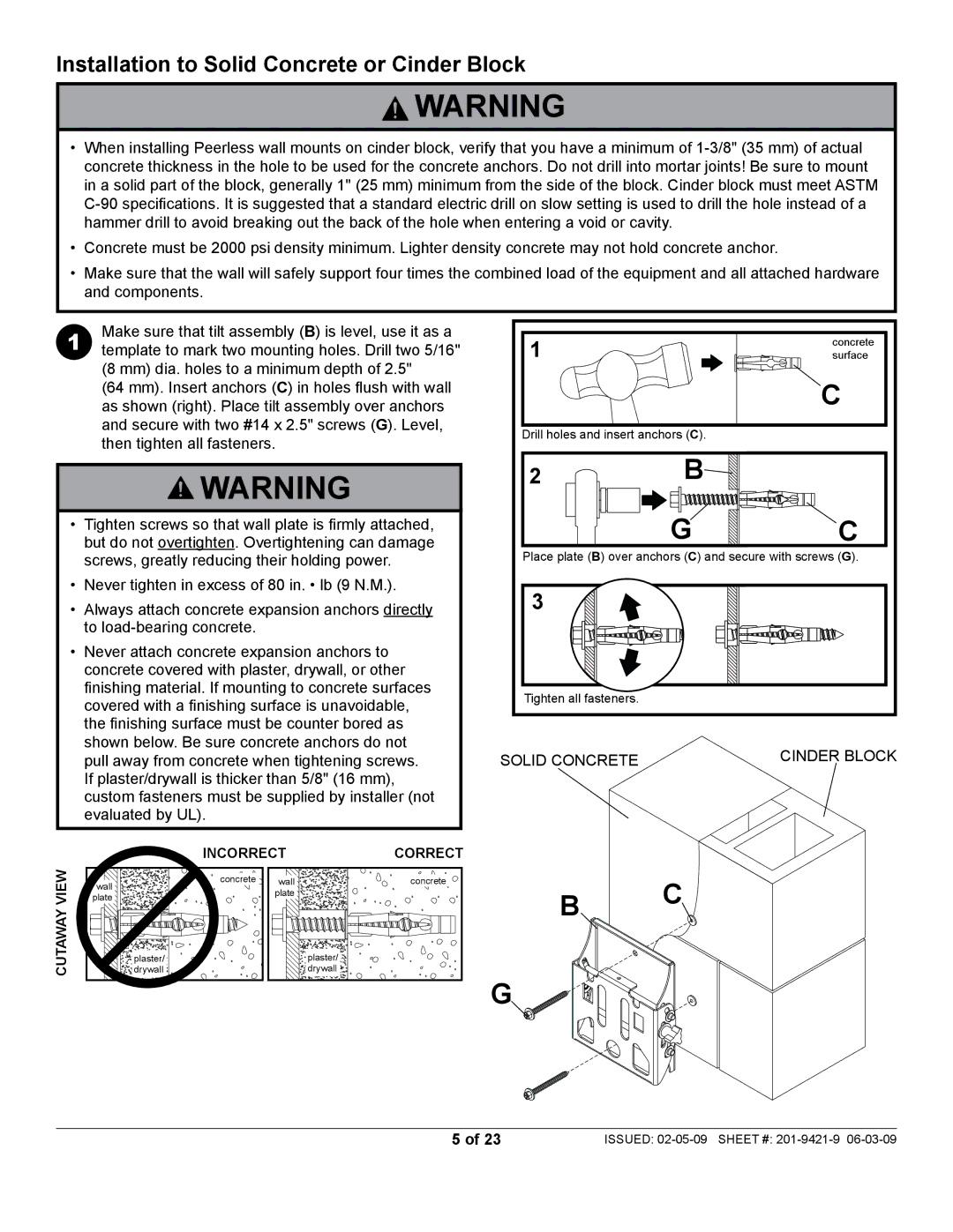 Peerless Industries ST630P-S manual Installation to Solid Concrete or Cinder Block, Solid concrete Cinder block 