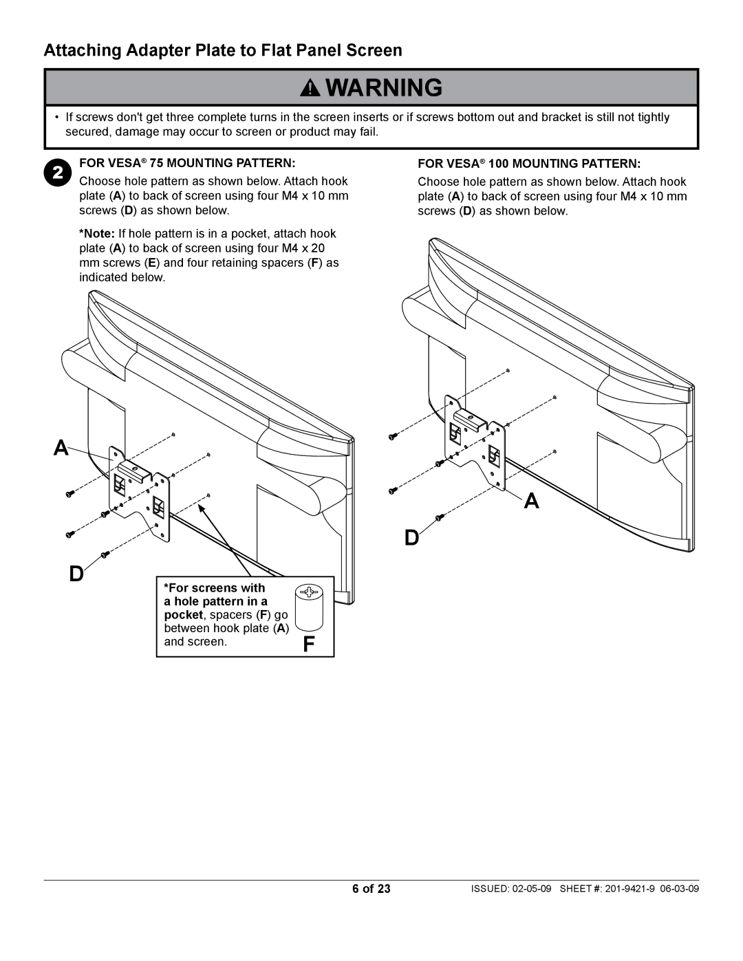 Peerless Industries ST630P-S manual Attaching Adapter Plate to Flat Panel Screen, For Vesa 75 Mounting Pattern 