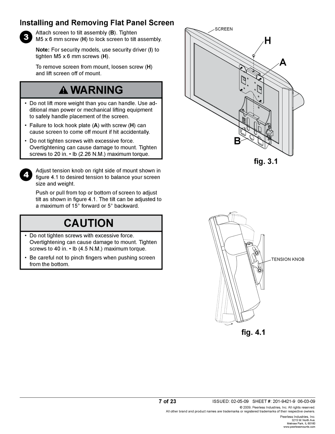 Peerless Industries ST630P-S manual Installing and Removing Flat Panel Screen 