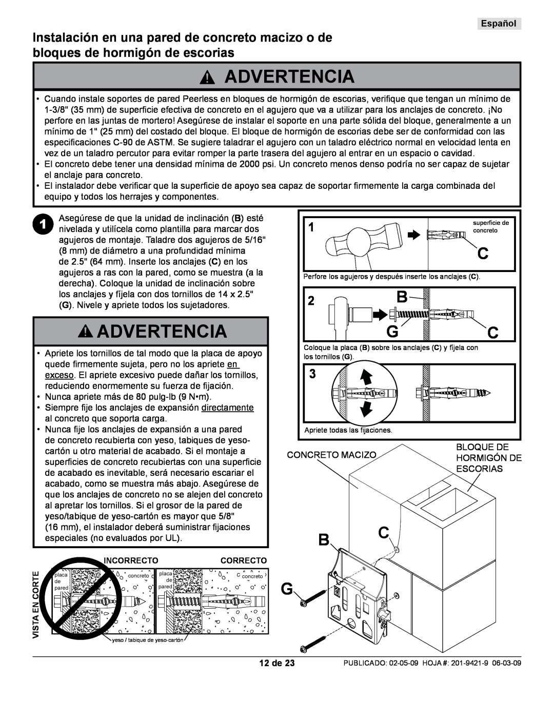Peerless Industries ST630P-S manual 12 de, Advertencia, Español 