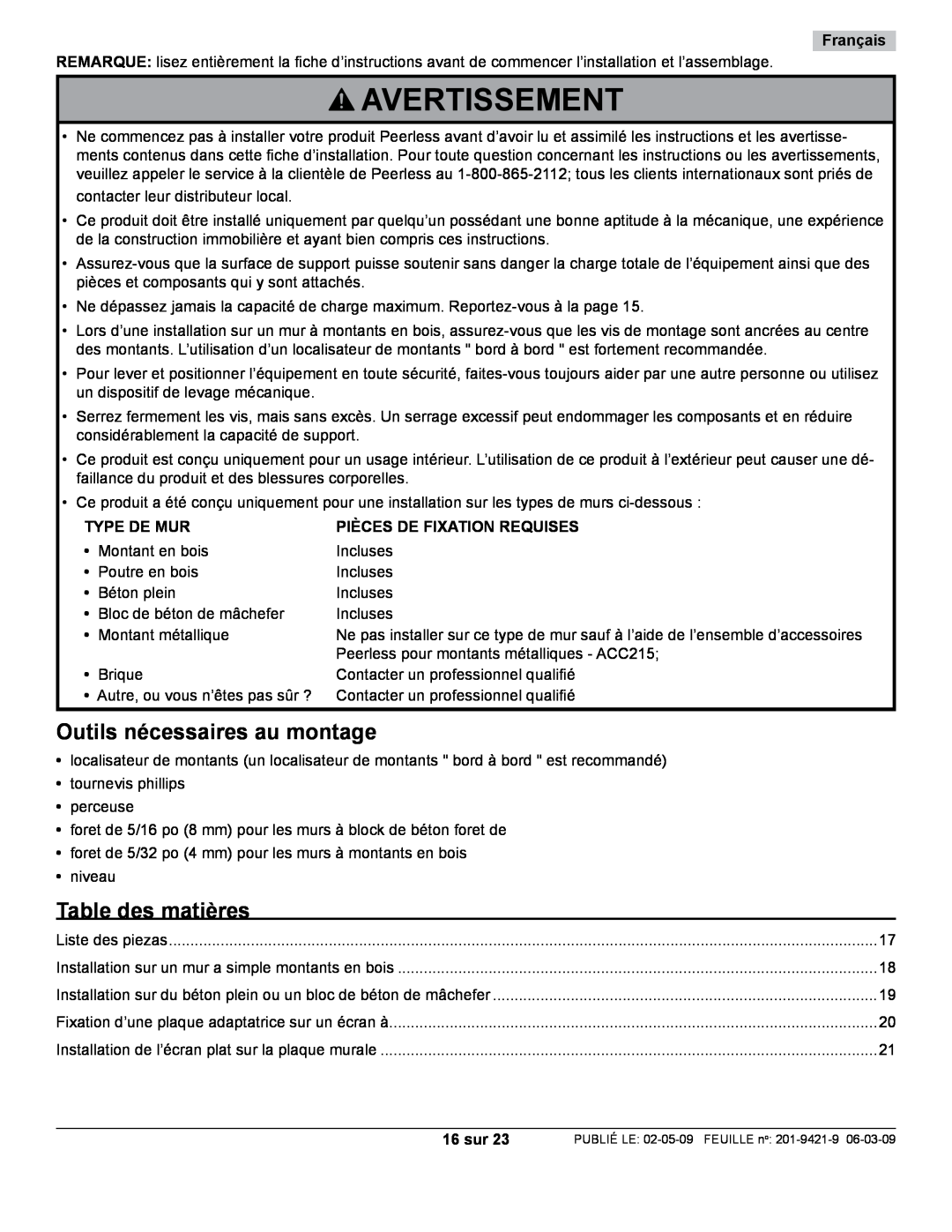 Peerless Industries ST630P-S manual Avertissement, Outils nécessaires au montage, Table des matières, Français, Type De Mur 