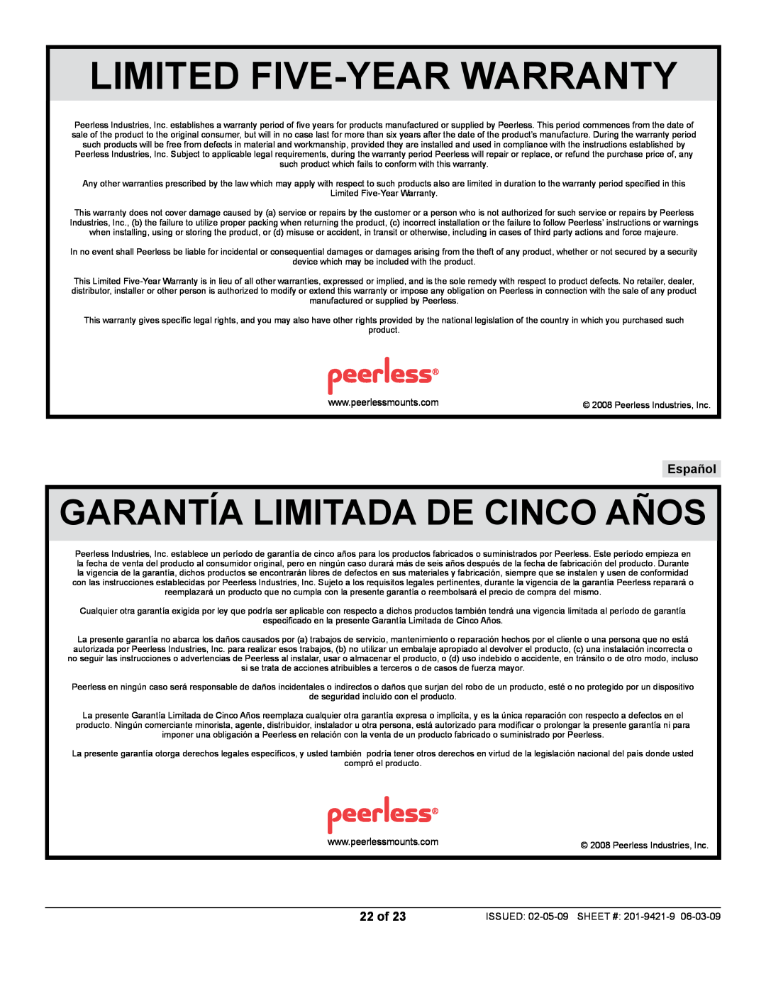 Peerless Industries ST630P-S manual Limited Five-Yearwarranty, 22 of, Garantía Limitada De Cinco Años, Español 