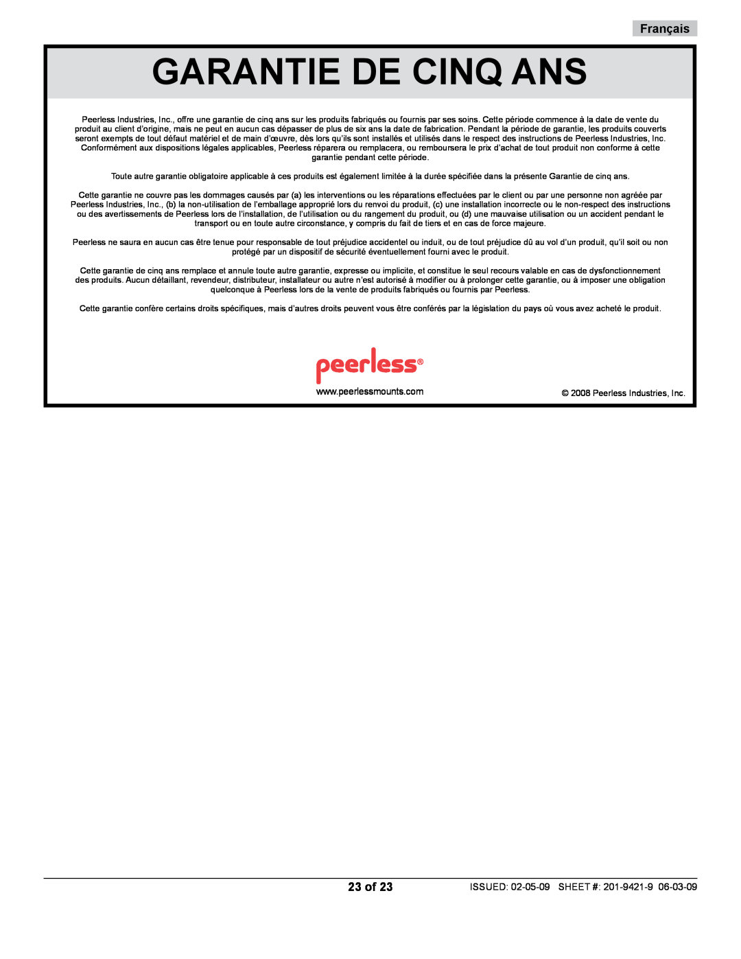 Peerless Industries ST630P-S manual Garantie De Cinq Ans, 23 of, Français 