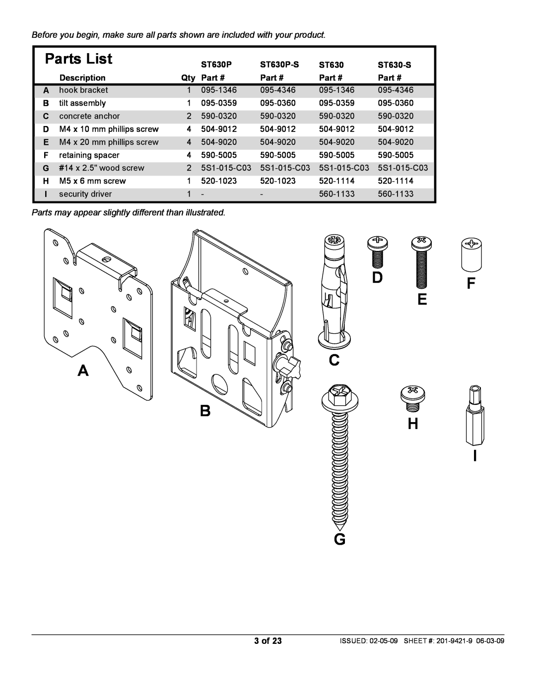 Peerless Industries manual D F E, ST630P-S, ST630-S, Description, 3 of, Parts List 