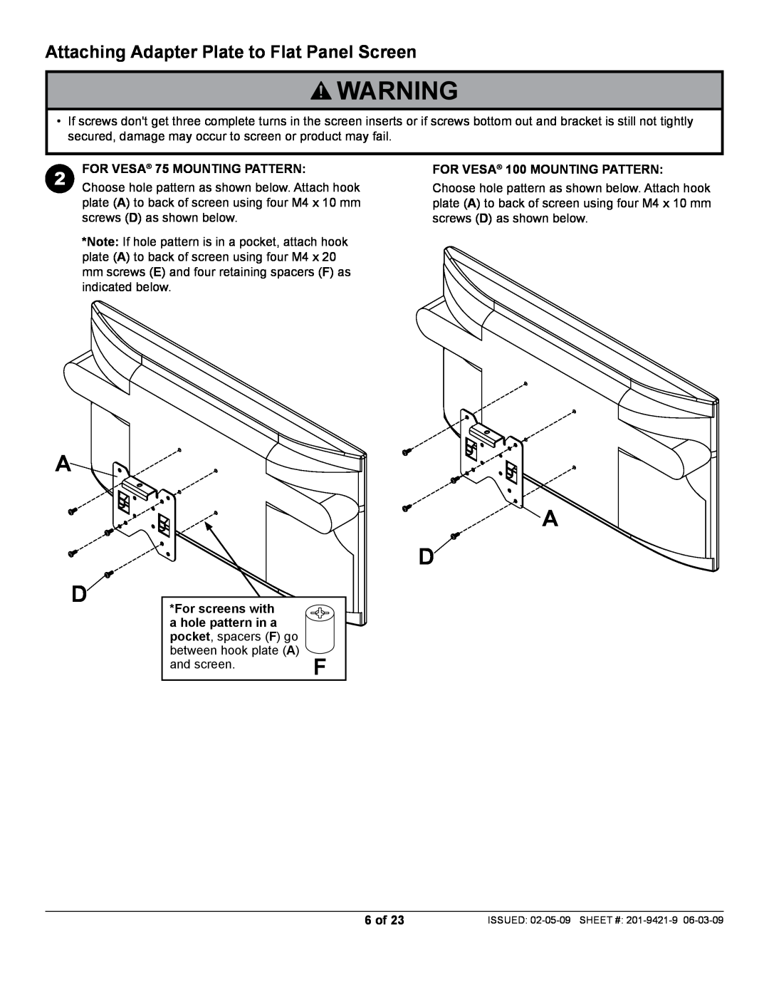 Peerless Industries ST630P Attaching Adapter Plate to Flat Panel Screen, FOR VESA 75 MOUNTING PATTERN, For screens with 
