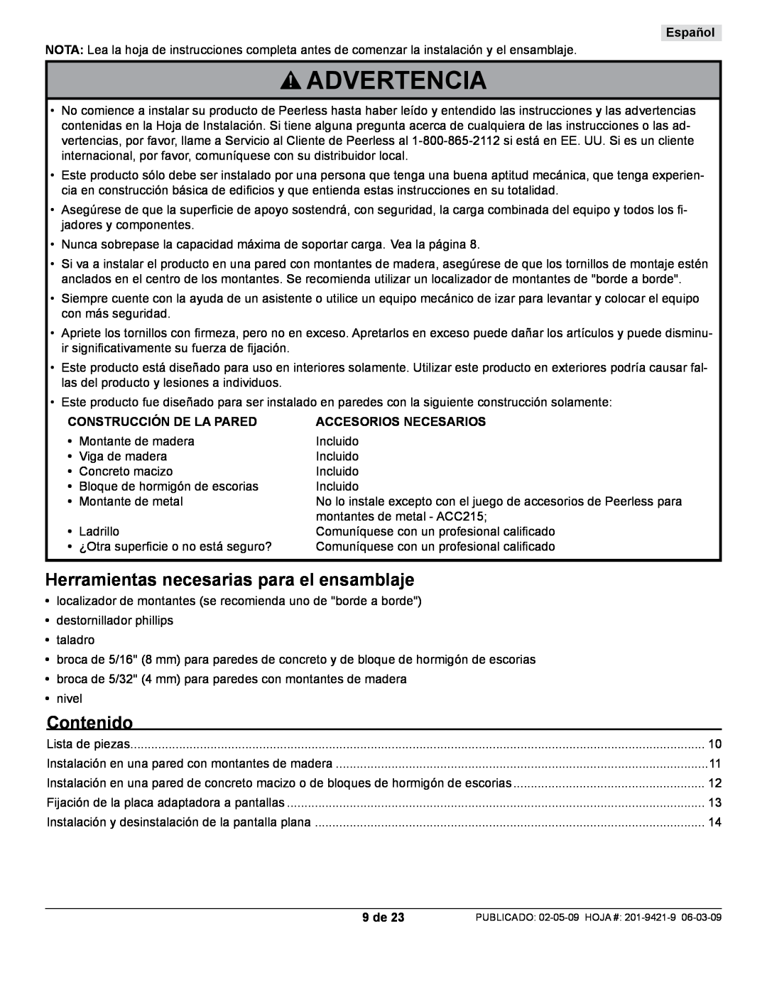 Peerless Industries ST630P-S manual Advertencia, Herramientas necesarias para el ensamblaje, Contenido, Español, 9 de 