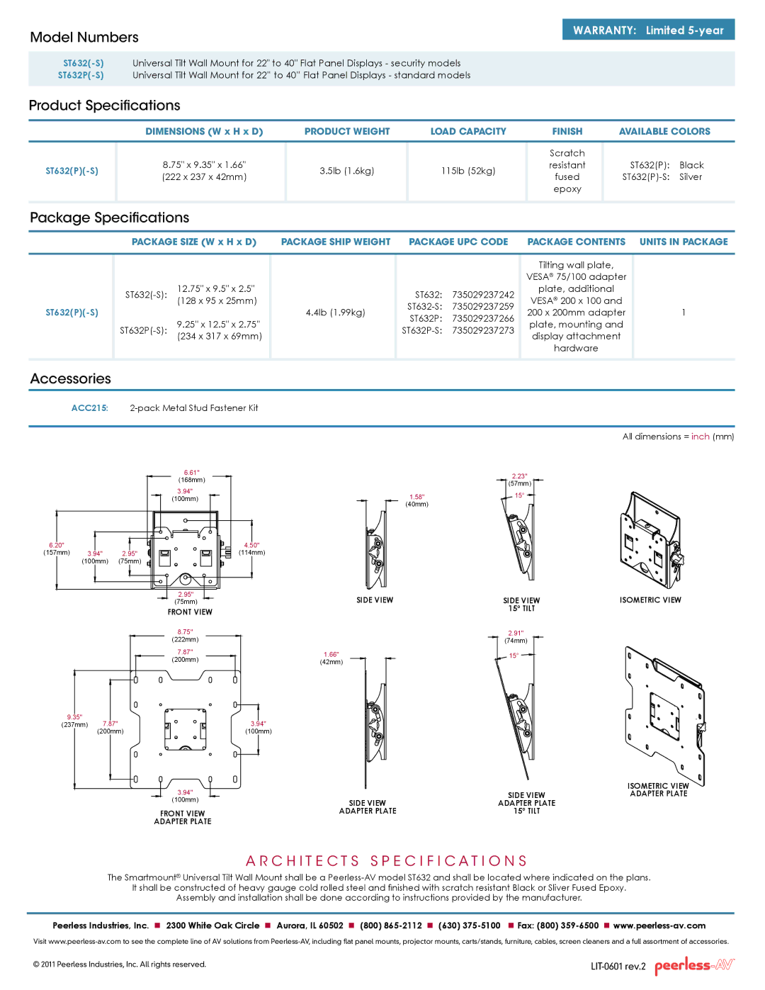 Peerless Industries ST632-S, ST632P-S manual Model Numbers, Product Specifications, Package Specifications, Accessories 