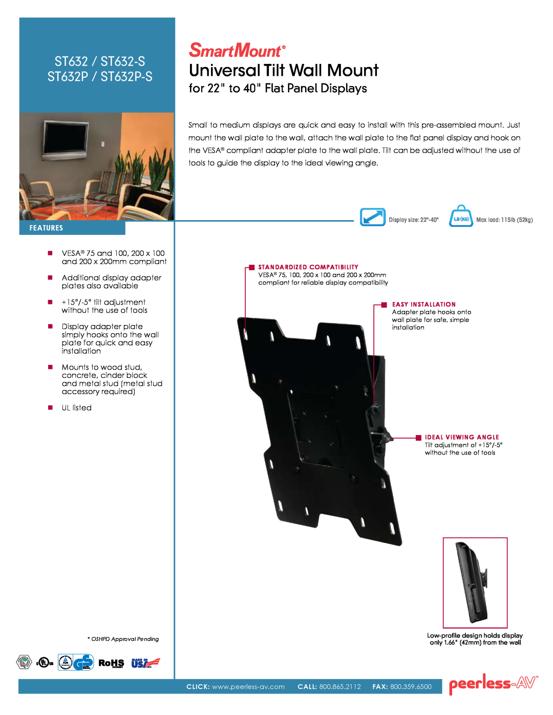 Peerless Industries manual Universal Tilt Wall Mount, ST632 / ST632-S, ST632P / ST632P-S, FeatureS 