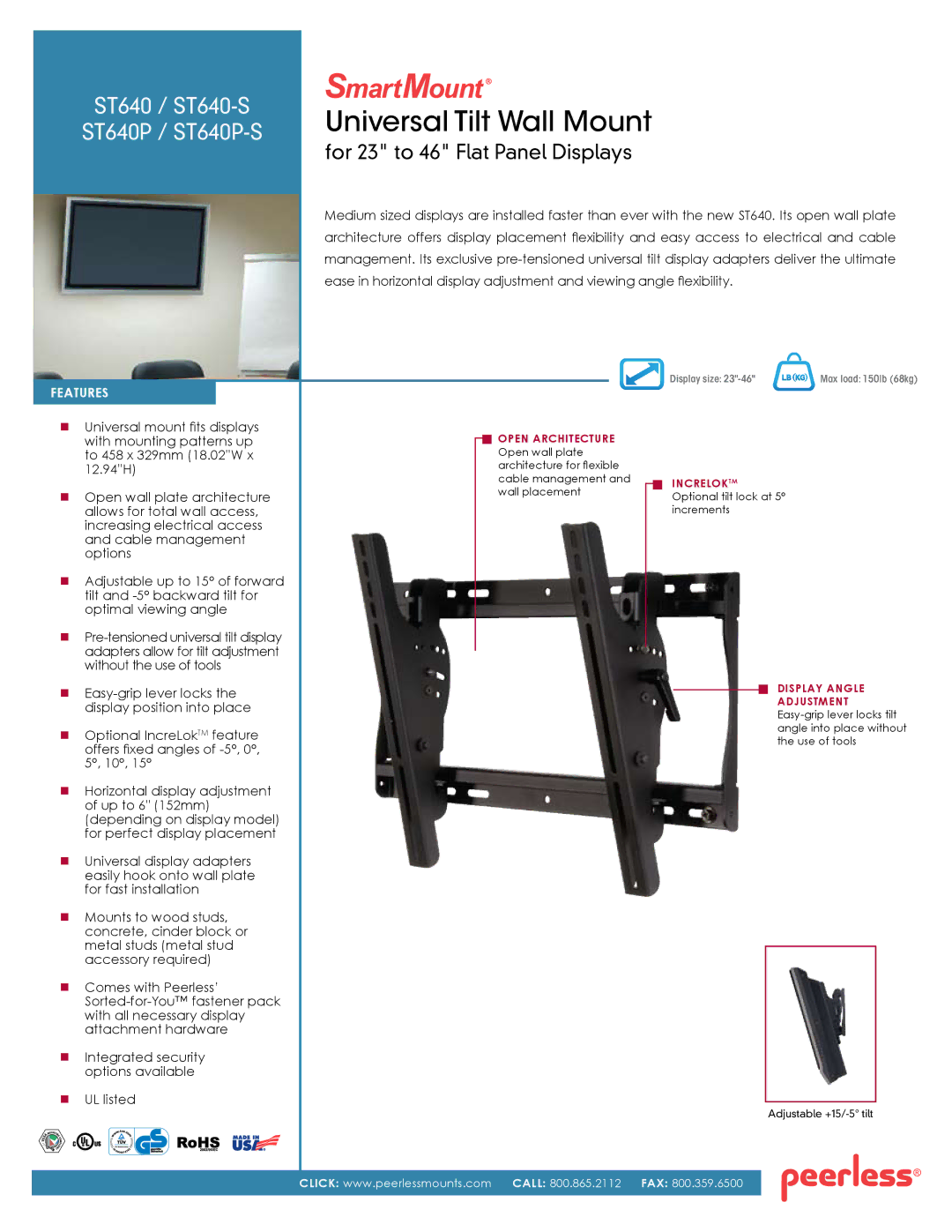 Peerless Industries ST640-S manual Universal Tilt Wall Mount 