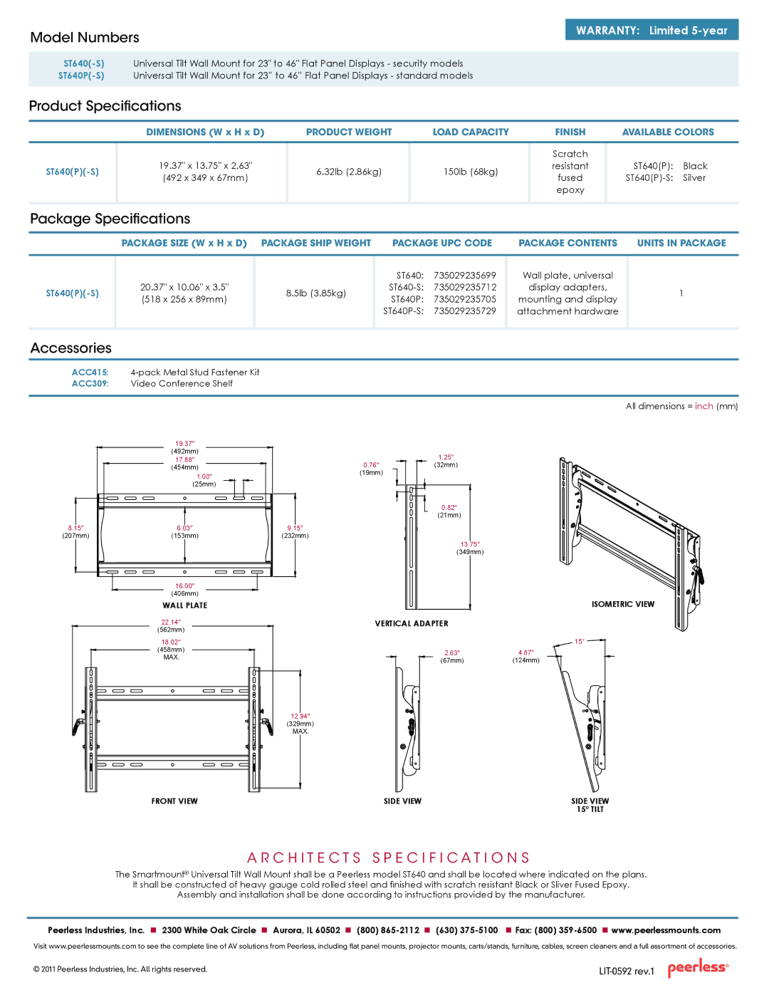 Peerless Industries ST640-S manual Model Numbers, Product Specifications, Package Specifications, Accessories 