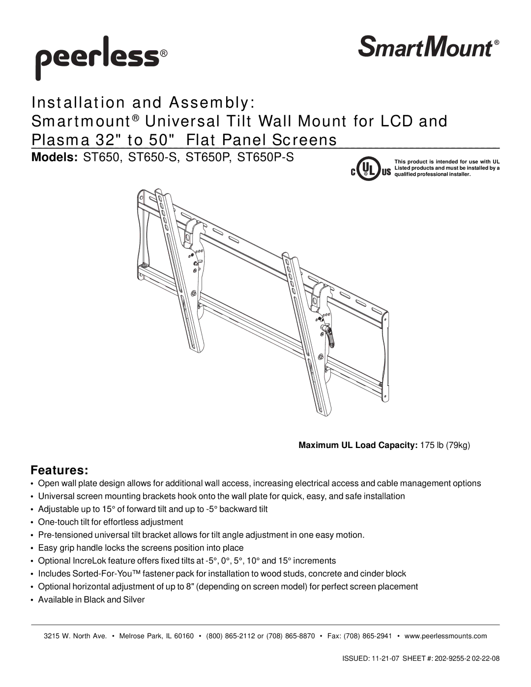 Peerless Industries manual Models ST650, ST650-S, ST650P, ST650P-S, Features 