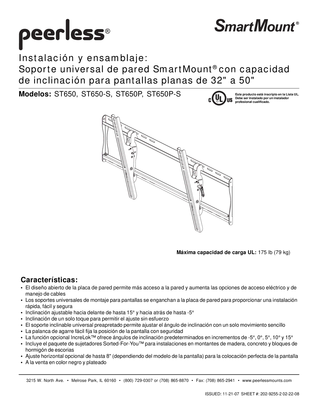 Peerless Industries ST650P-S, ST650-S manual Instalación y ensamblaje, Características 