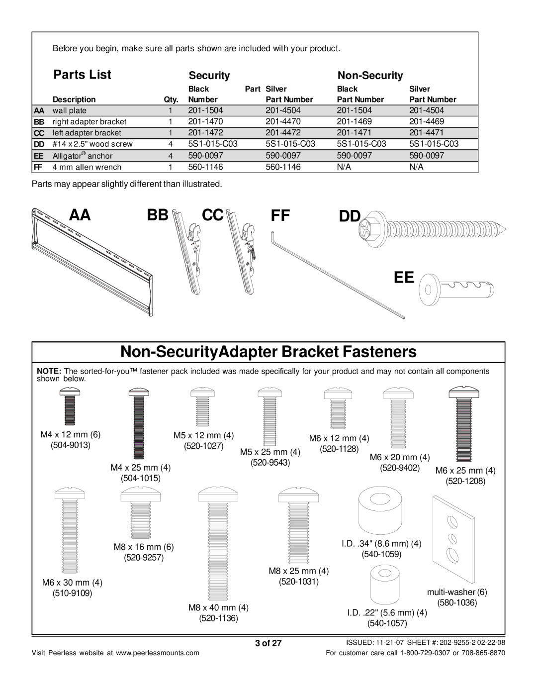 Peerless Industries ST650-S, ST650P-S manual Non-SecurityAdapter Bracket Fasteners, Parts List, Security Non-Security 