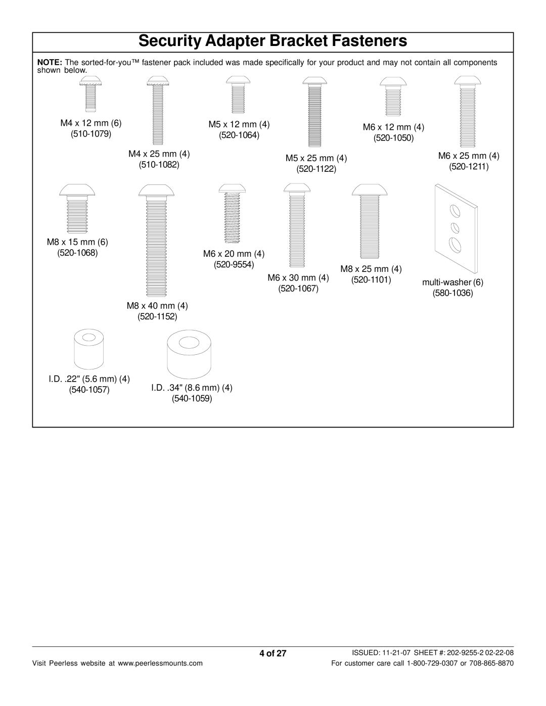 Peerless Industries ST650P-S, ST650-S manual Security Adapter Bracket Fasteners 