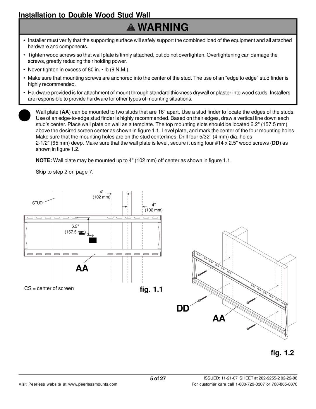 Peerless Industries ST650P-S, ST650-S manual Installation to Double Wood Stud Wall, Skip to on 