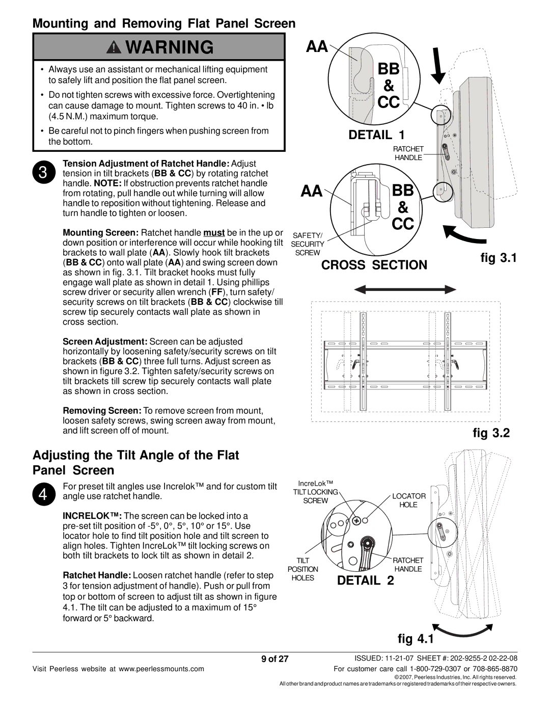 Peerless Industries ST650P-S Mounting and Removing Flat Panel Screen, Adjusting the Tilt Angle of the Flat Panel Screen 