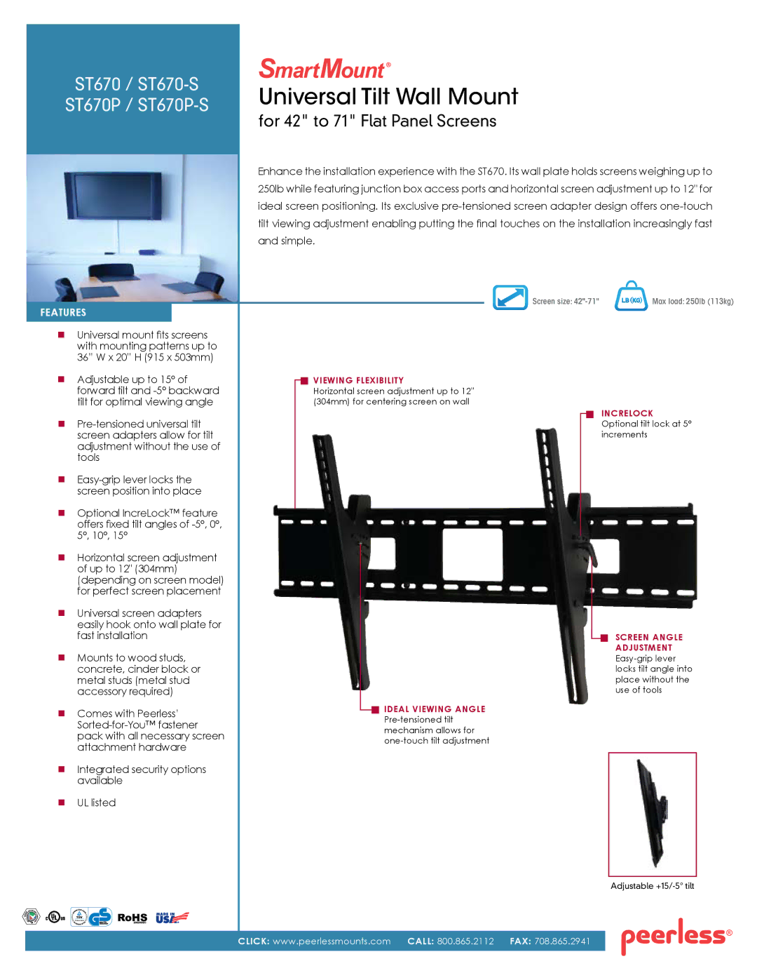 Peerless Industries ST670P-S, ST670-S manual Universal Tilt Wall Mount 