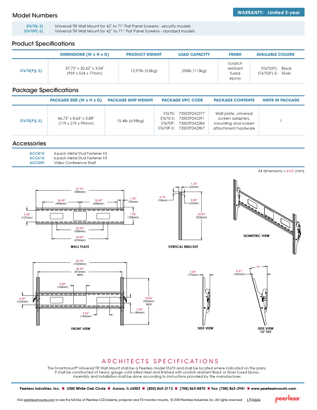 Peerless Industries ST670P-S, ST670-S Model Numbers, Product Specifications, Package Specifications, Accessories 