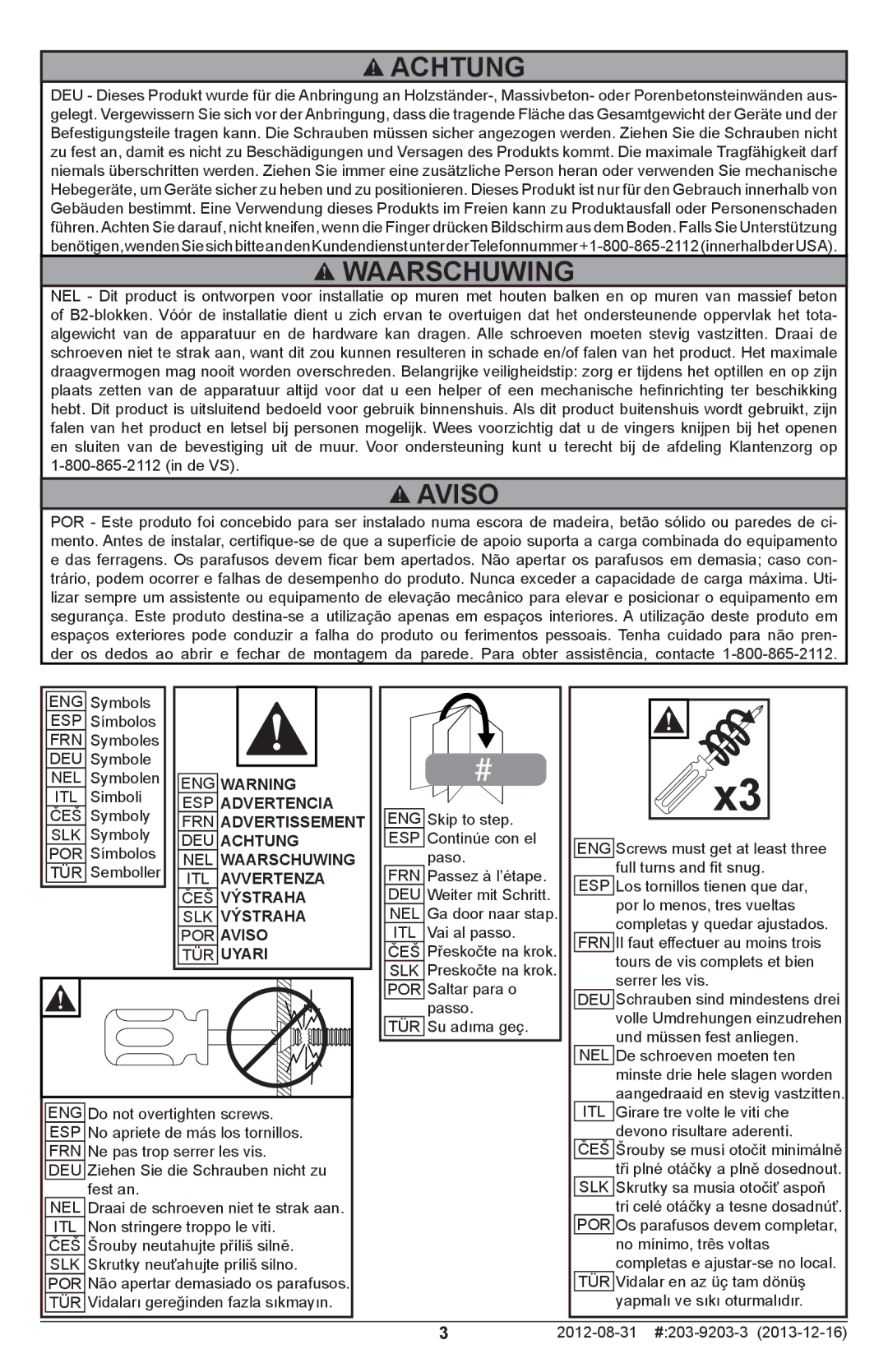 Peerless Industries STL646 manual Achtung, Waarschuwing, Aviso 