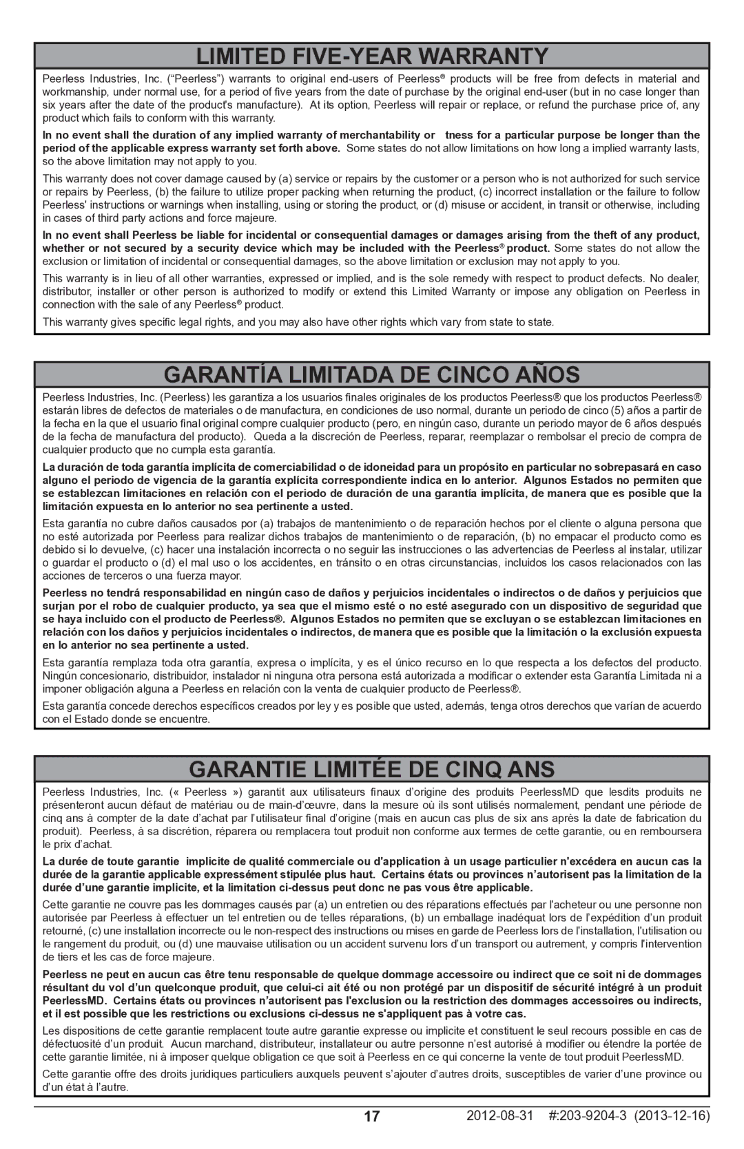 Peerless Industries STL670 manual Limited FIVE-YEAR Warranty, Garantía Limitada DE Cinco Años, Garantie Limitée DE Cinq ANS 