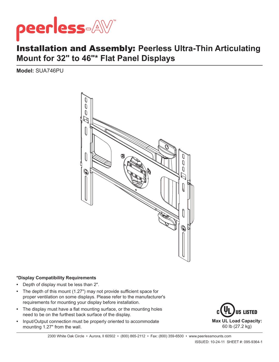 Peerless Industries SUA746PU manual Display Compatibility Requirements, Max UL Load Capacity 